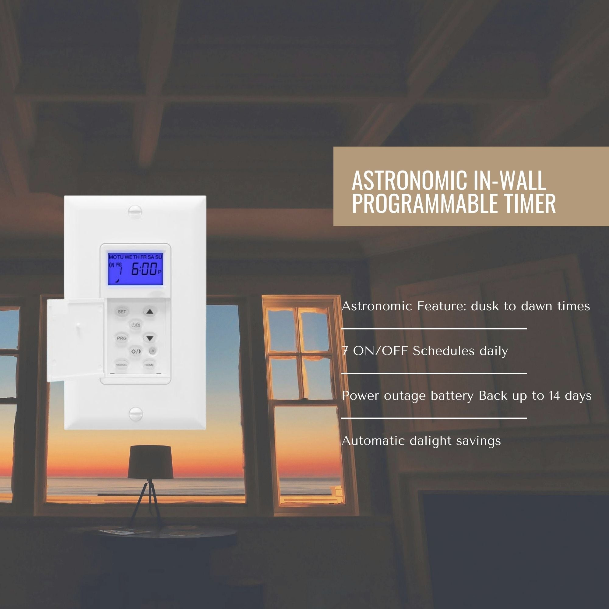 Enerlites HET01-H1-W 7-Day Astronomic Digital In-Wall Timer Switch, 120VAC, 15A, White