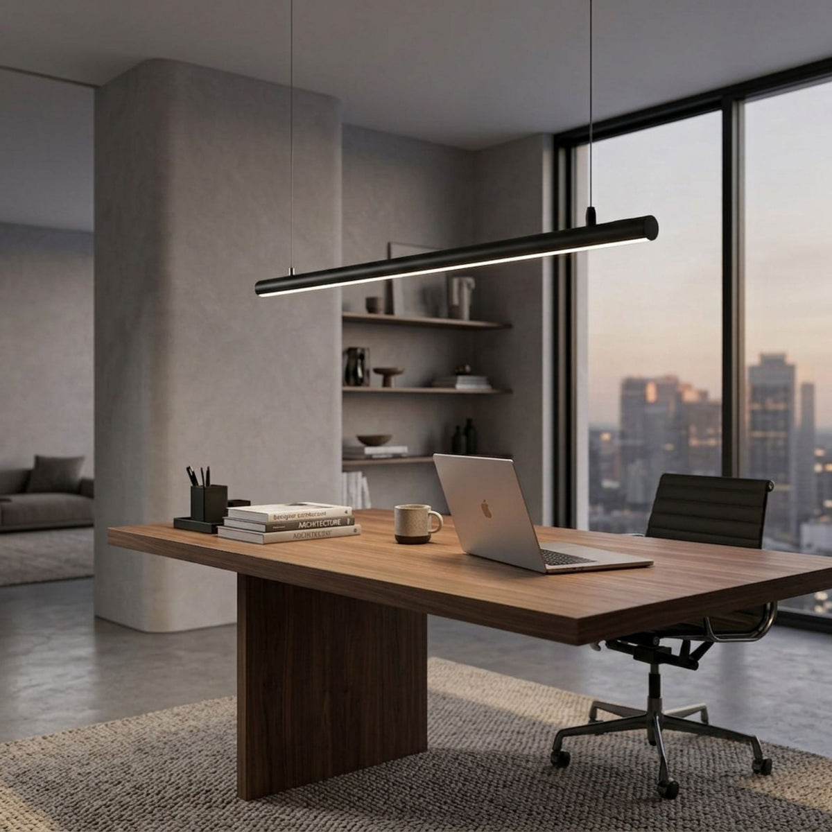 Black linear LED pendant light with long bar and hanging cord in ceiling mount