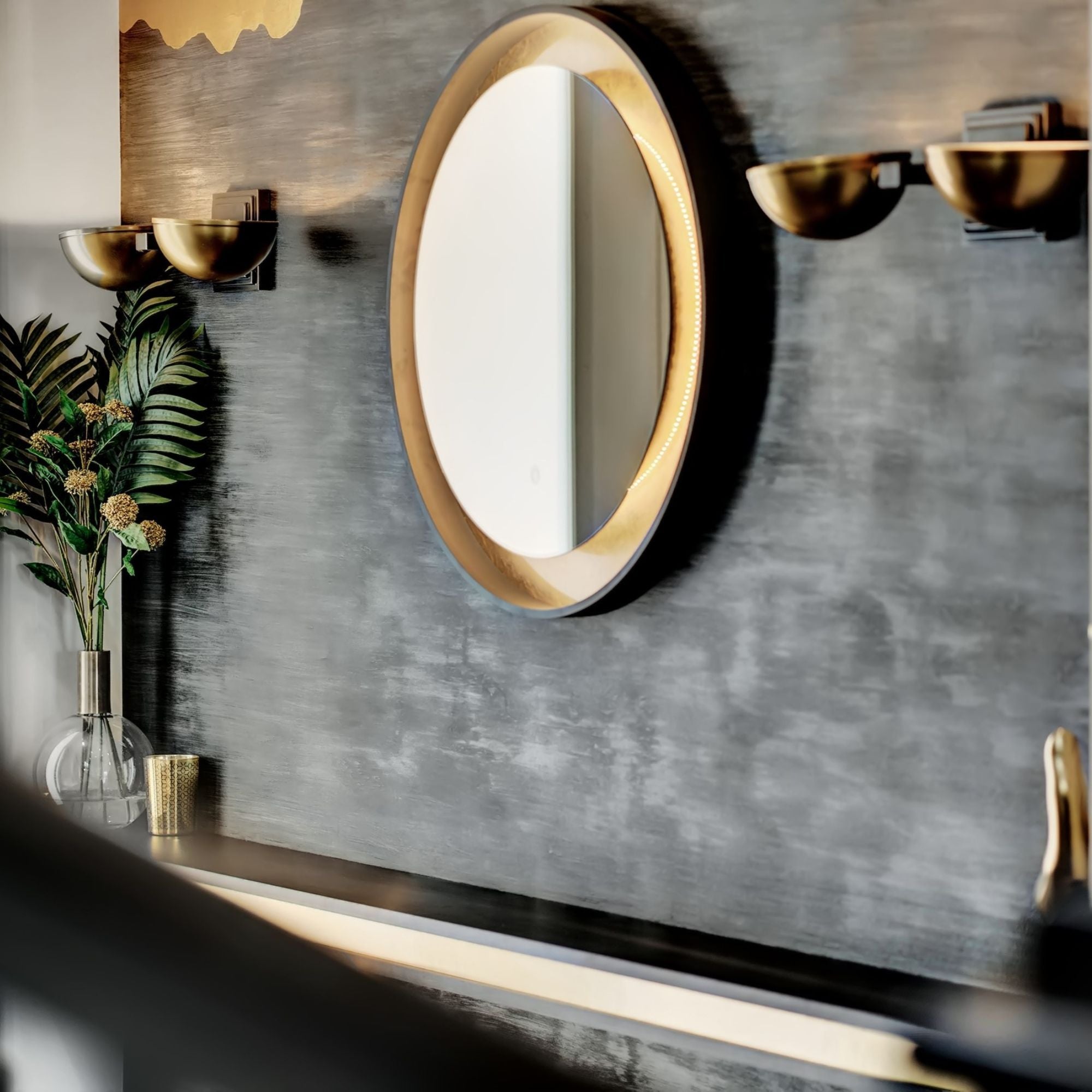 Floating 23.5" Round LED Mirror, Gold Leaf & Black Finish