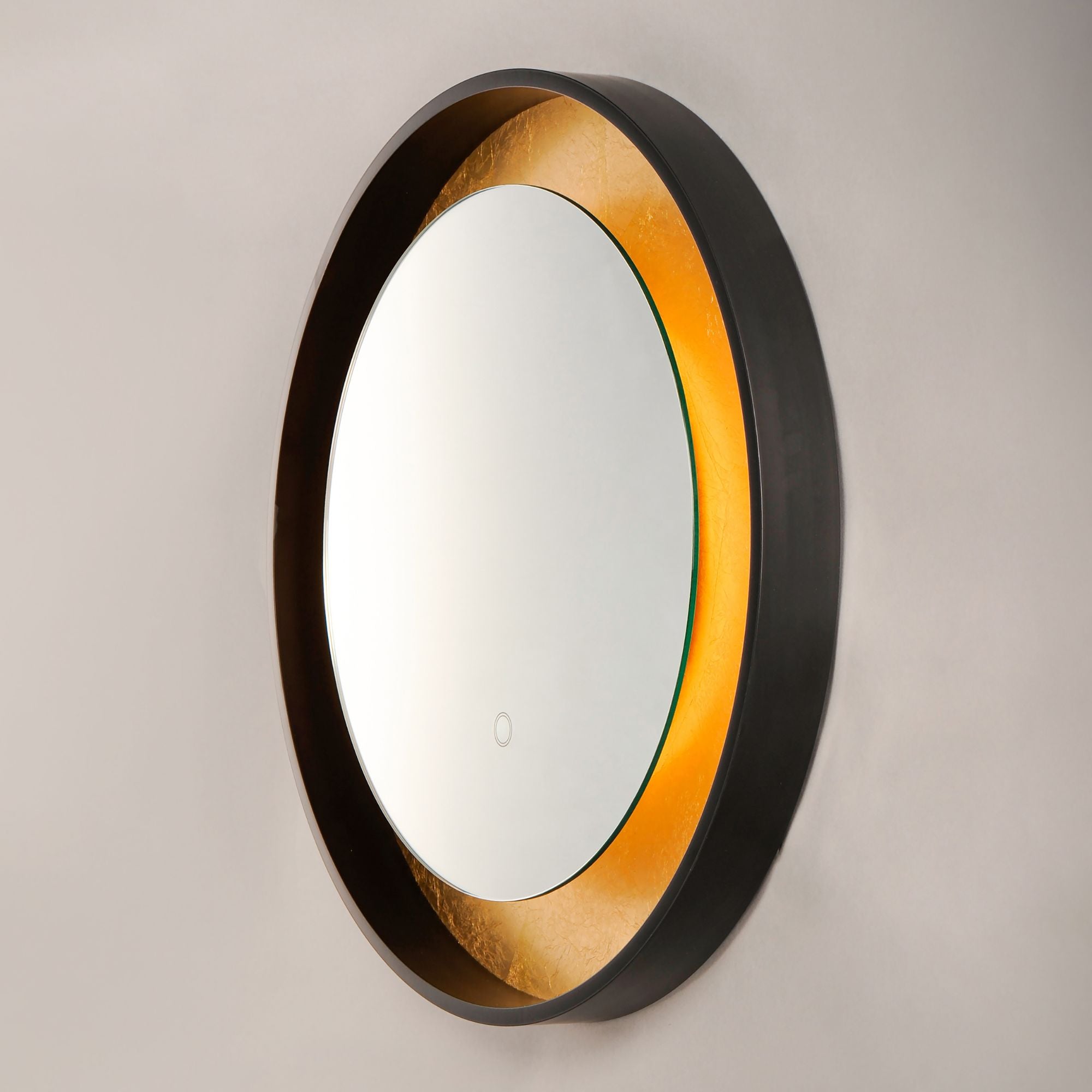 Floating 23.5" Round LED Mirror, Gold Leaf & Black Finish