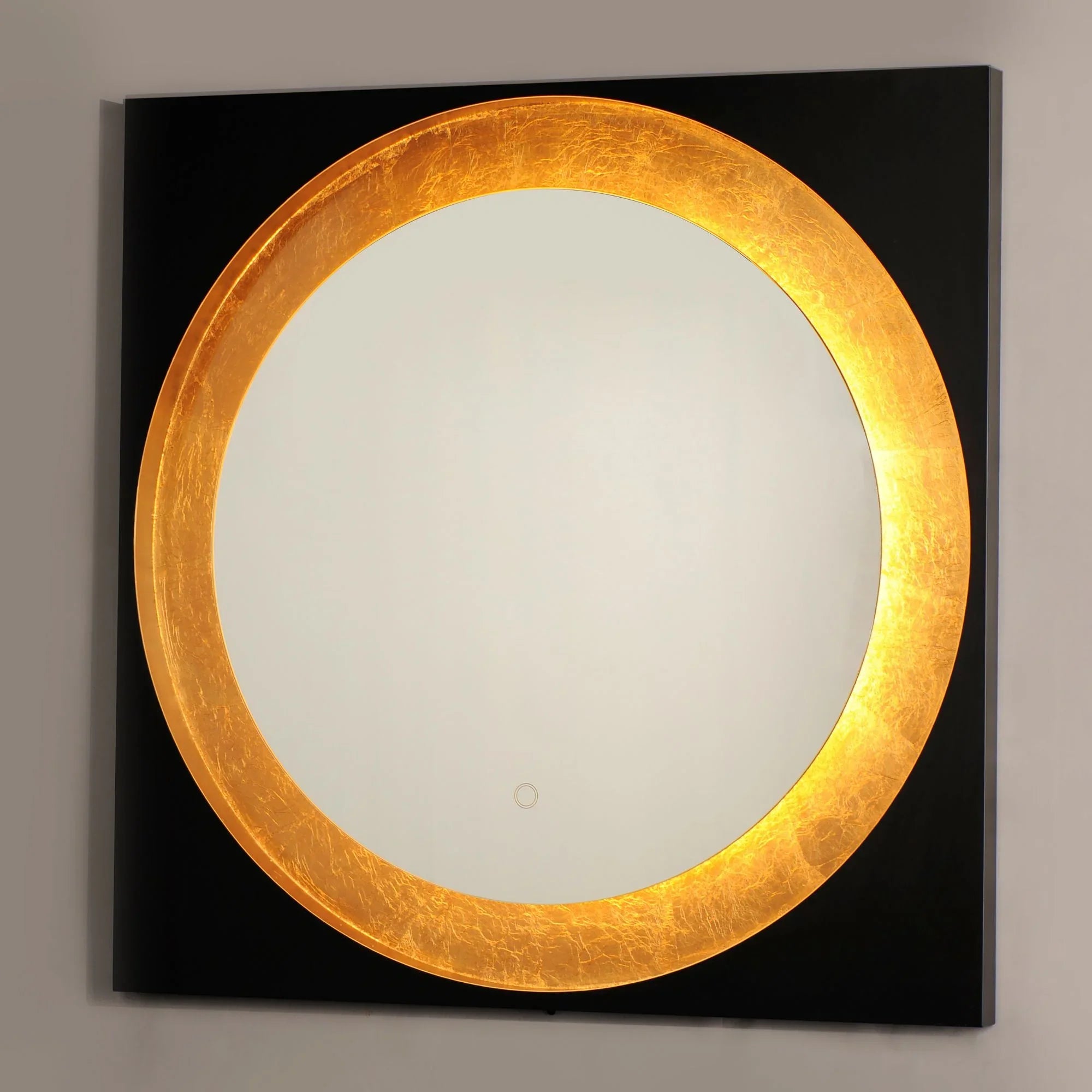 Floating 31.5" Square LED Mirror, Gold Leaf & Black Finish