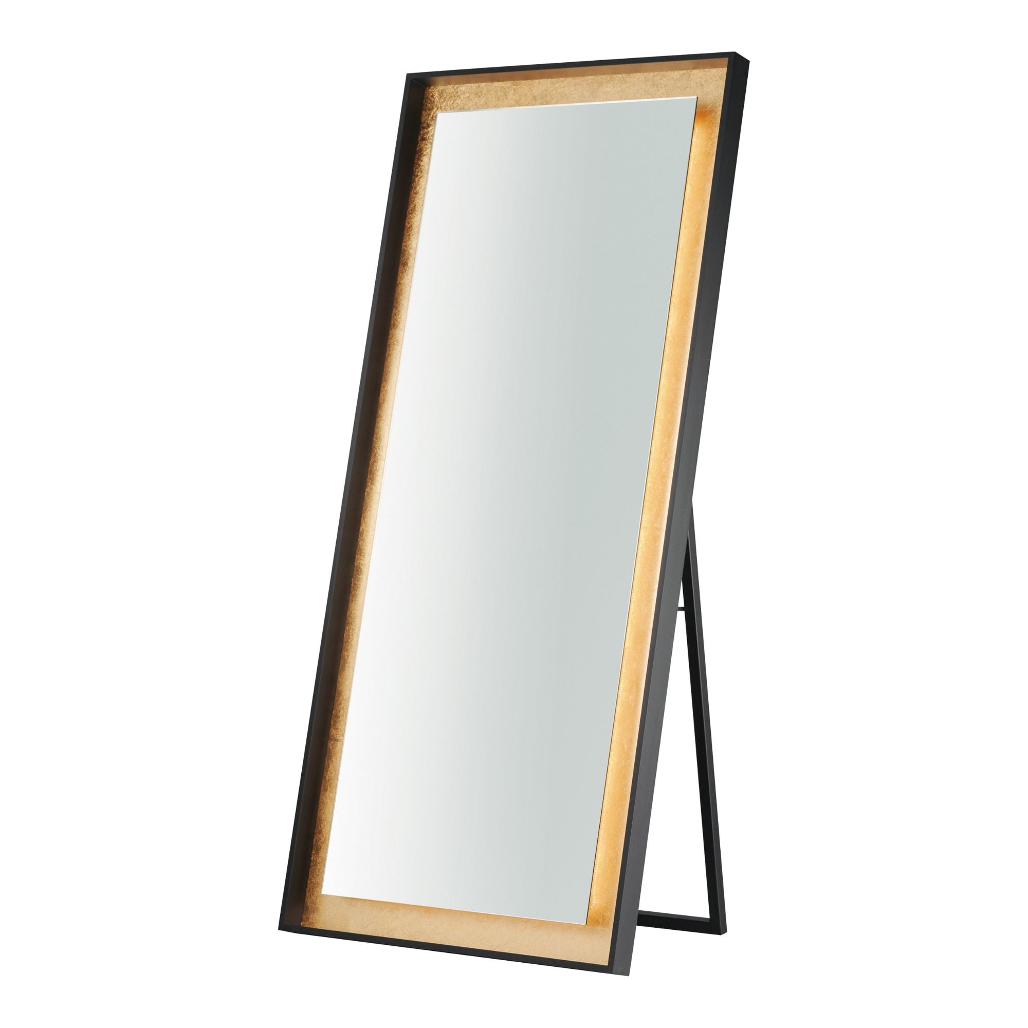Floating 30" x 67" Free Standing LED Mirror, Gold Leaf & Black Finish
