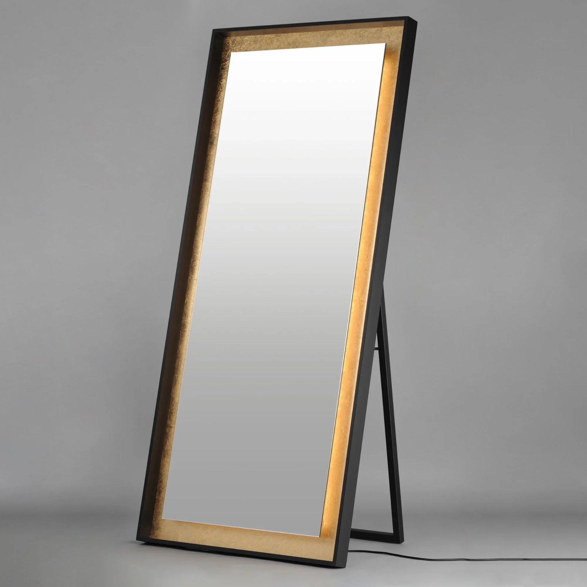 ET2 Lighting - Floating 30" x 67" Free Standing LED Mirror, Gold Leaf & Black Finish | Bees Lighting
