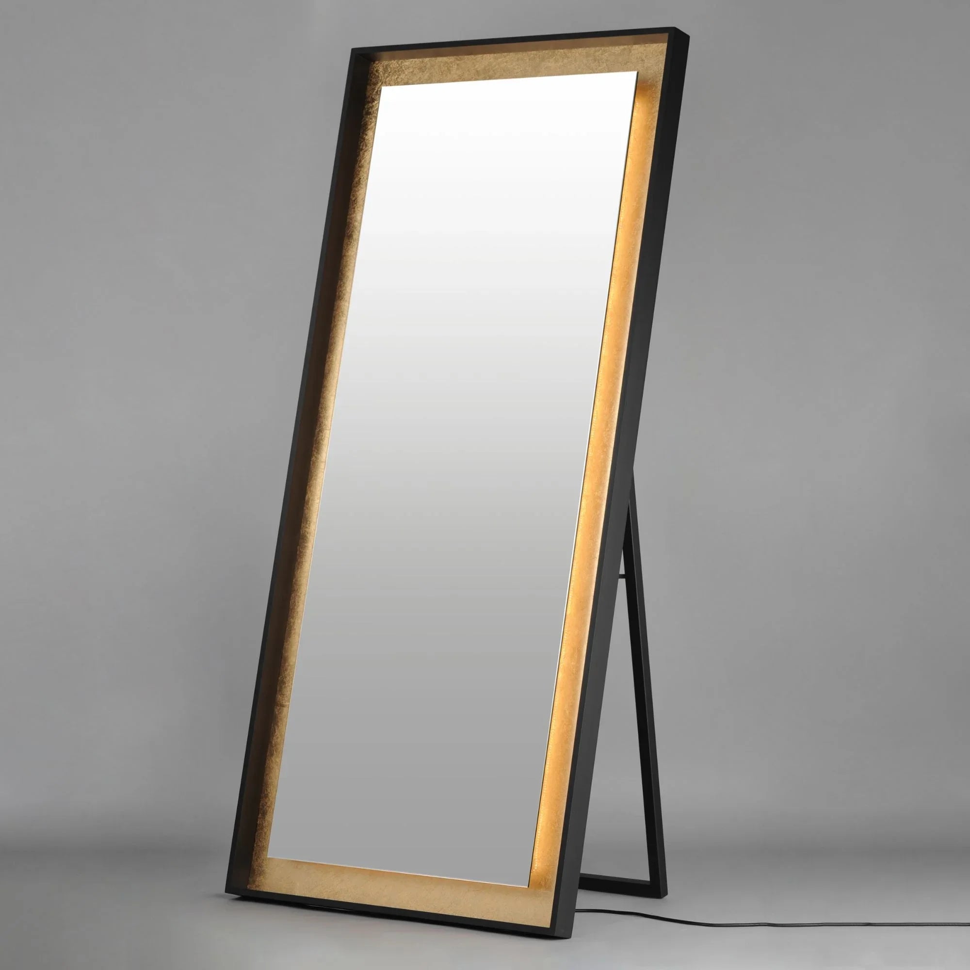 ET2 Lighting - Floating 30" x 67" Free Standing LED Mirror, Gold Leaf & Black Finish | Bees Lighting