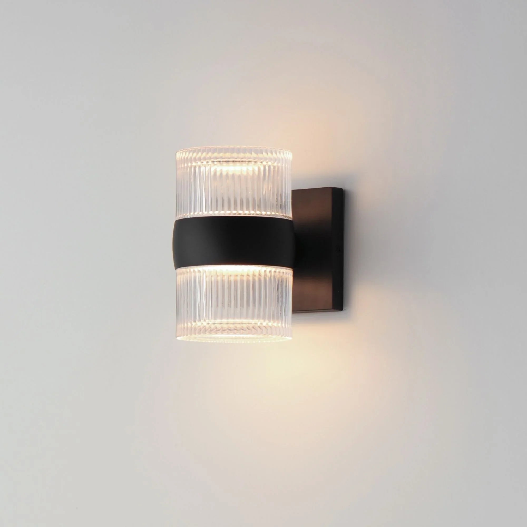 Modular 8" 2-Light LED Outdoor Wall Sconce, Black Finish with Clear Ribbed Glass