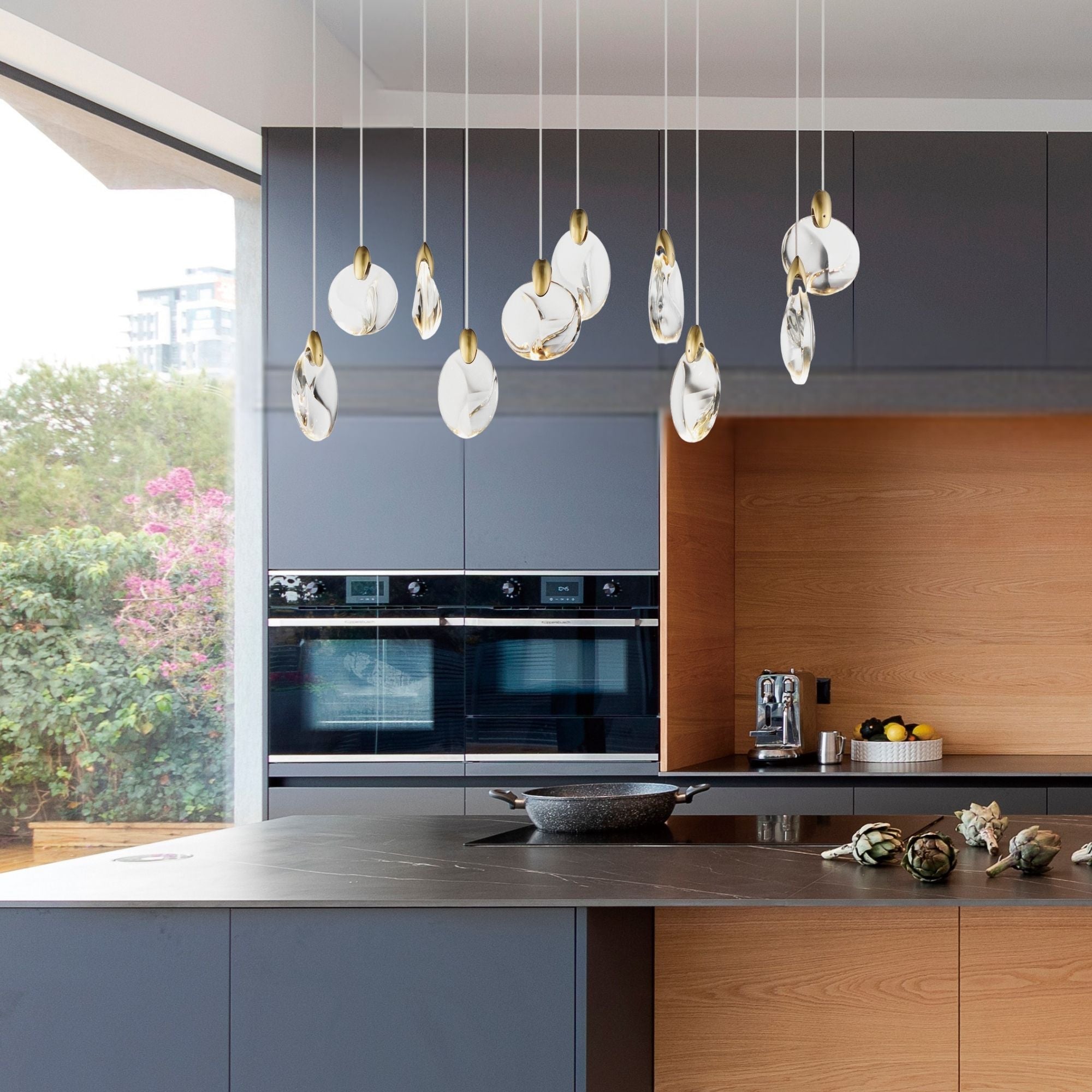 Pebble 36" LED Linear Pendant, Black & Polished Gold Finish