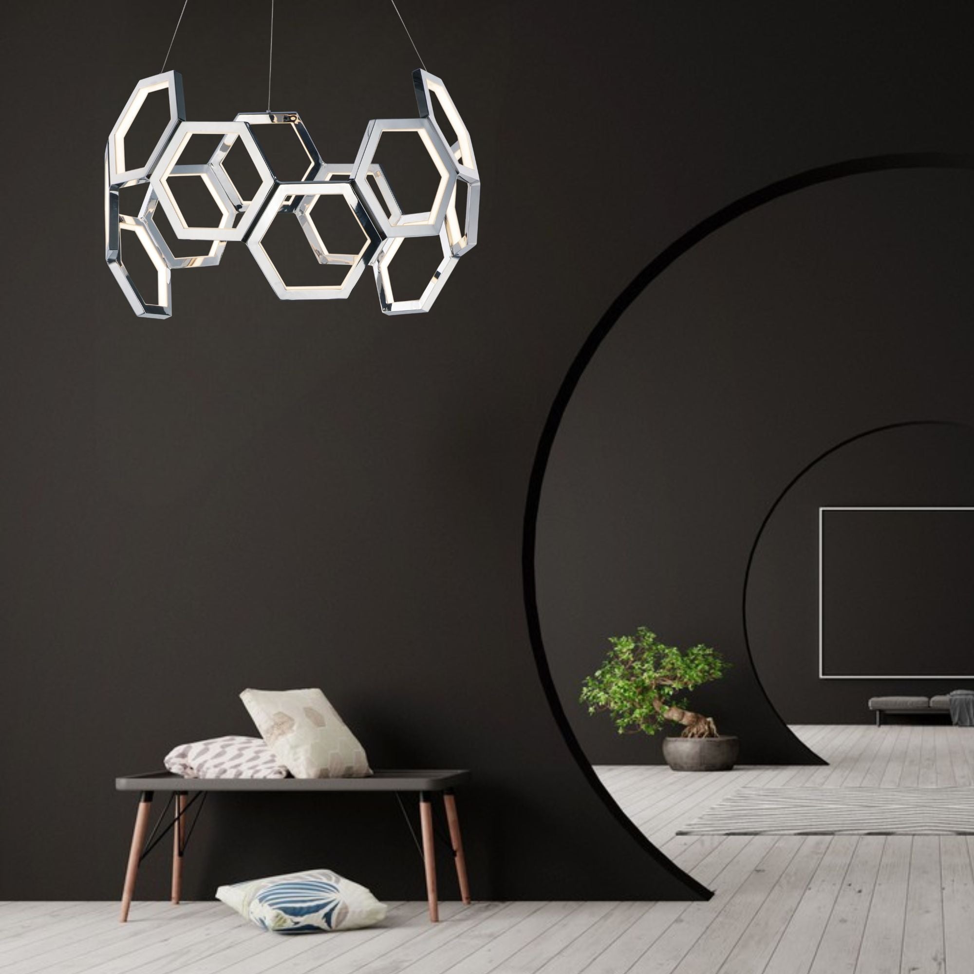 Polygon 30" Hexagonal LED Pendant, Polished Chrome Finish