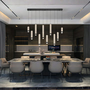 10-light matte black chandelier with multiple hanging beige cylindrical shades