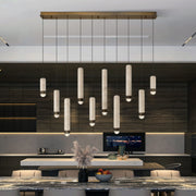 10-light chandelier with antique brass bar and multiple hanging textured beige glass shades