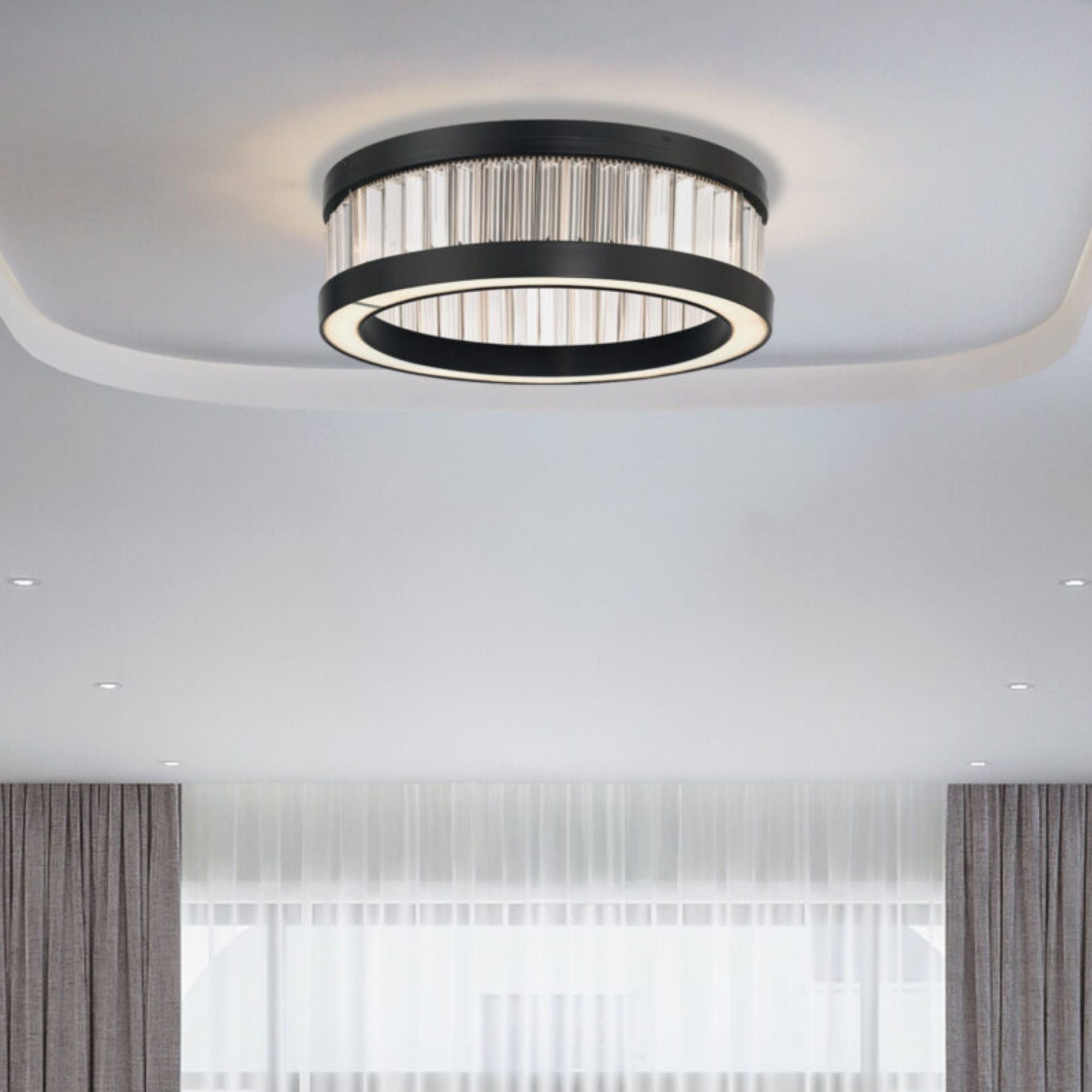 Eurofase Empra 23.63 in. Flush Mount Light, Matte Black with Crystal Drum Shade