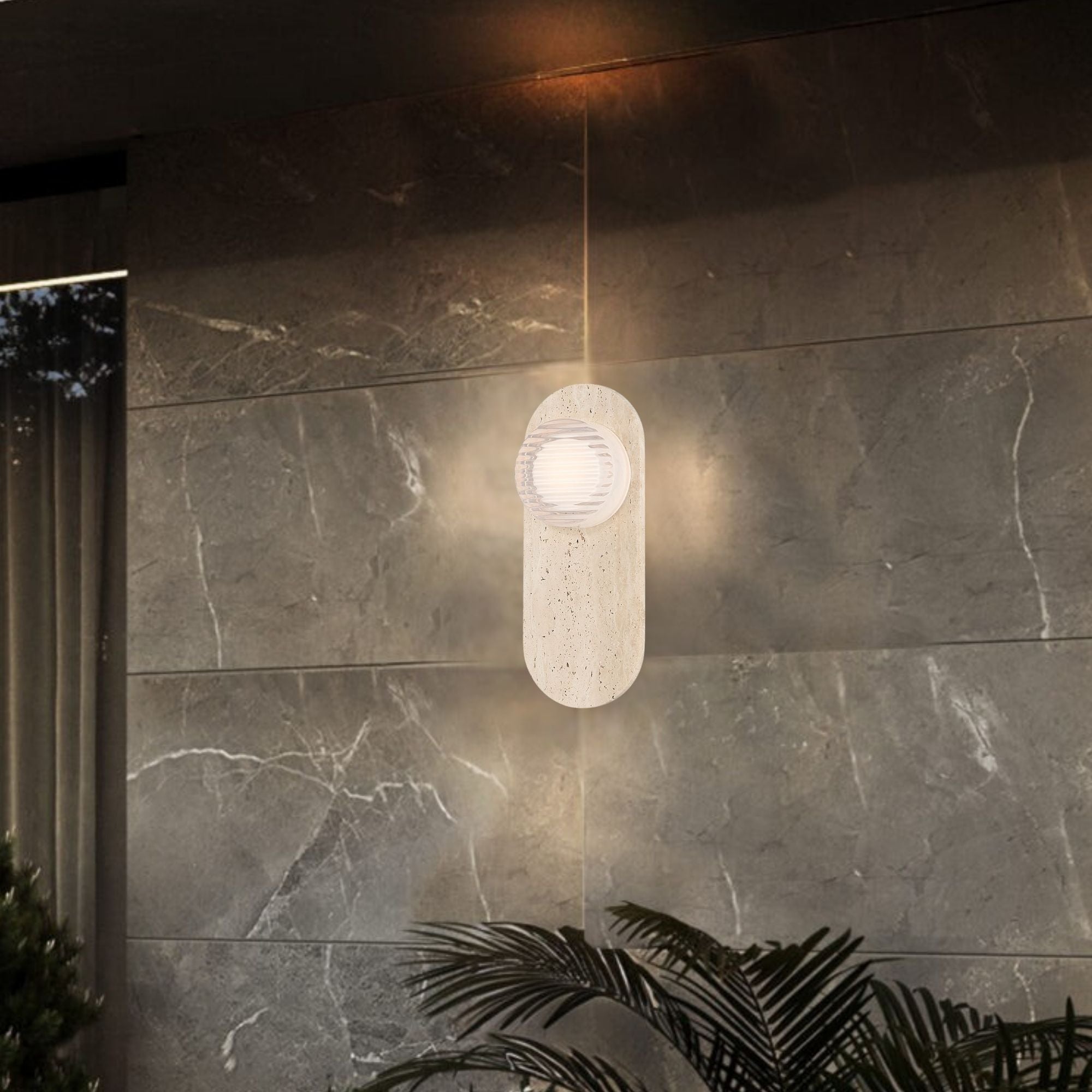 Eurofase Sternn 15 in. Outdoor Sconce, Travertine with Clear Ribbed Glass