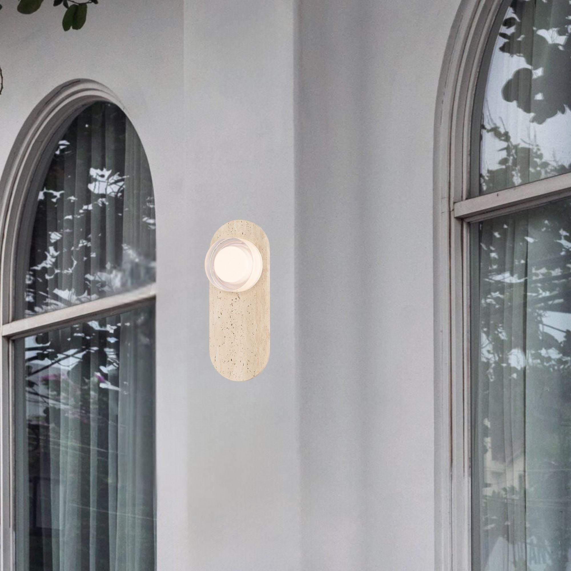 Eurofase Sternn Outdoor Sconce, Travertine with Clear Smooth Glass