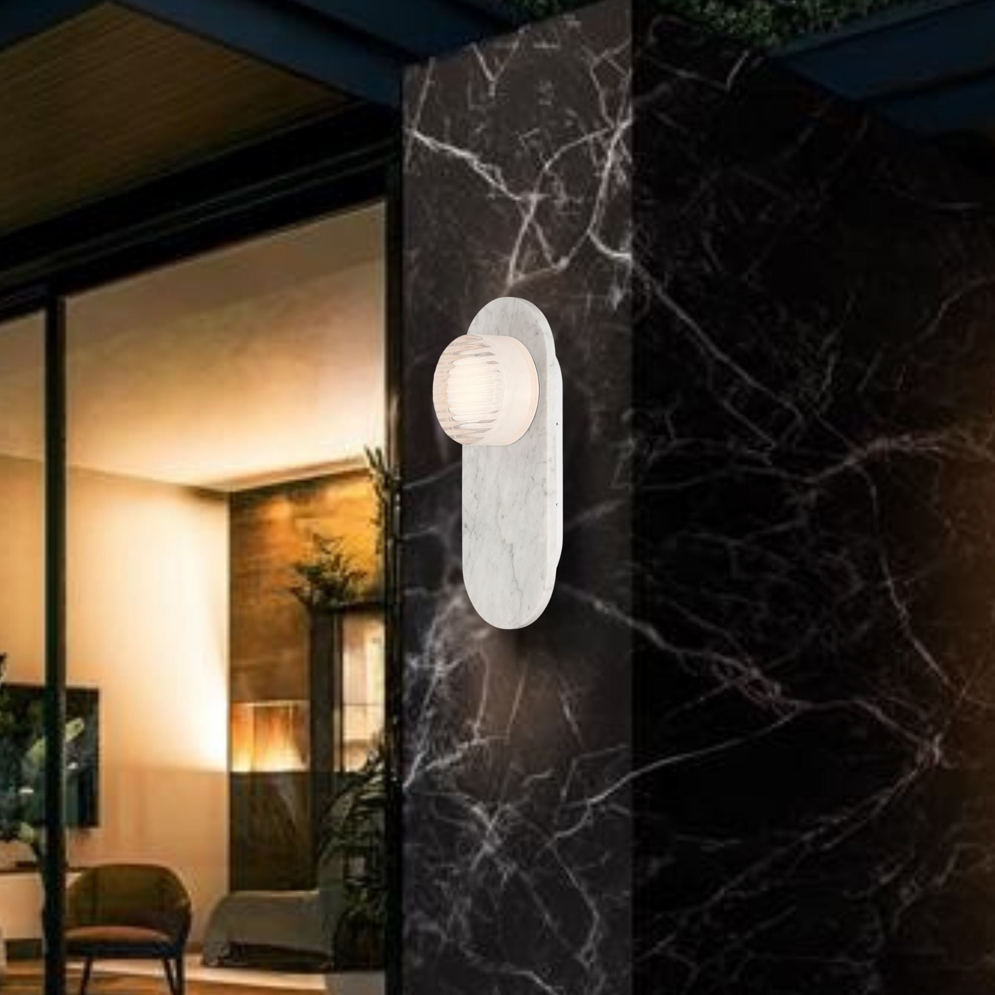 Eurofase Sternn Outdoor Sconce, Marble White with Clear Ribbed Glass