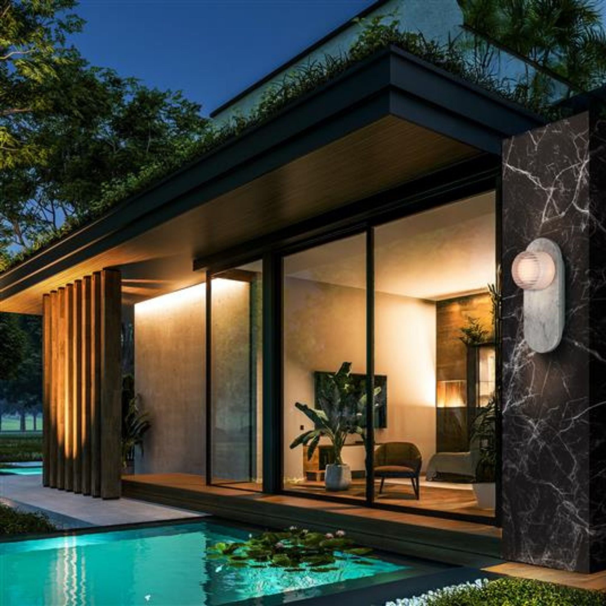 Eurofase Sternn Outdoor Sconce, Marble White with Clear Ribbed Glass