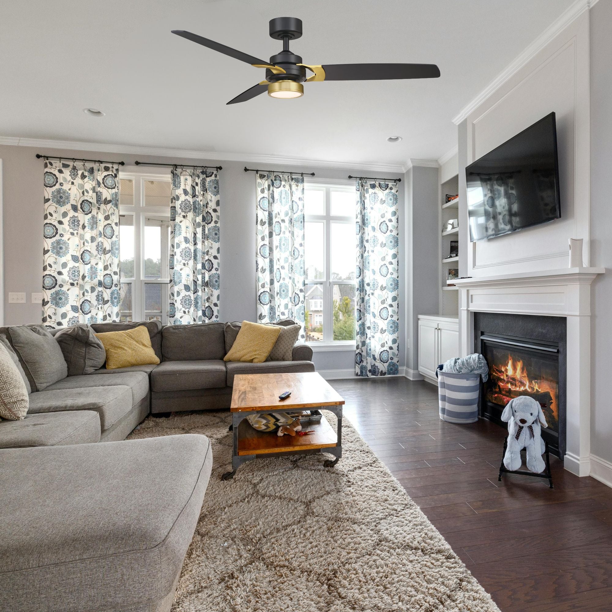 Amped 52" LED Ceiling Fan with Remote, Black and Brushed Brass