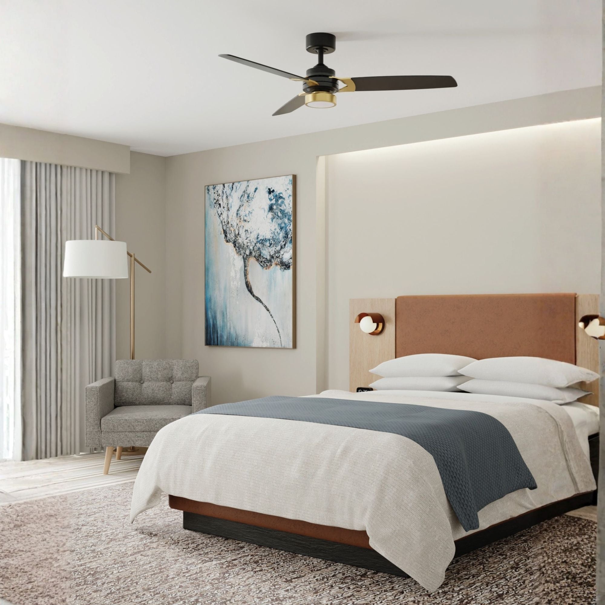 Amped 52" LED Ceiling Fan with Remote, Black and Brushed Brass