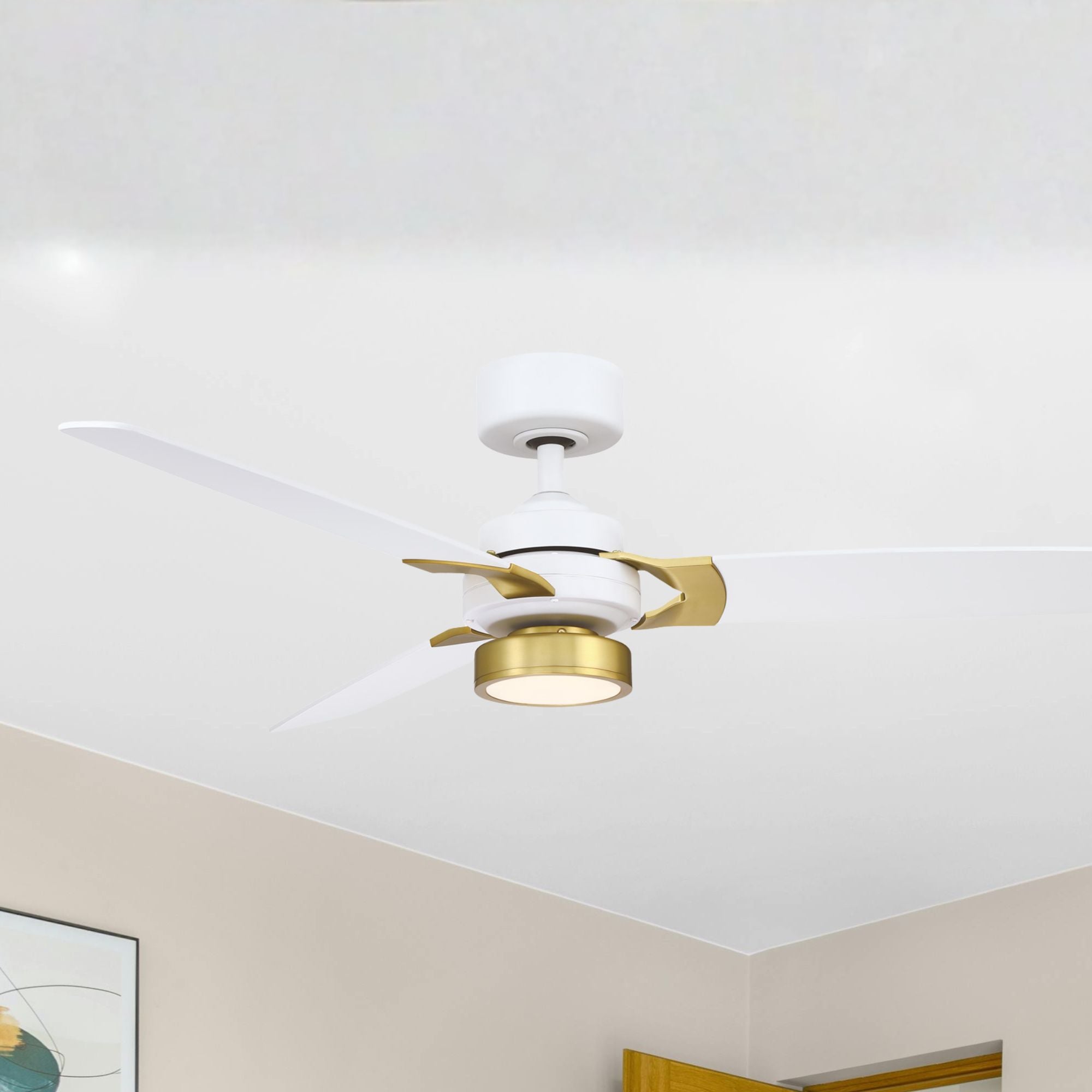 Amped 52" LED Ceiling Fan with Remote, Matte White and Brushed Brass