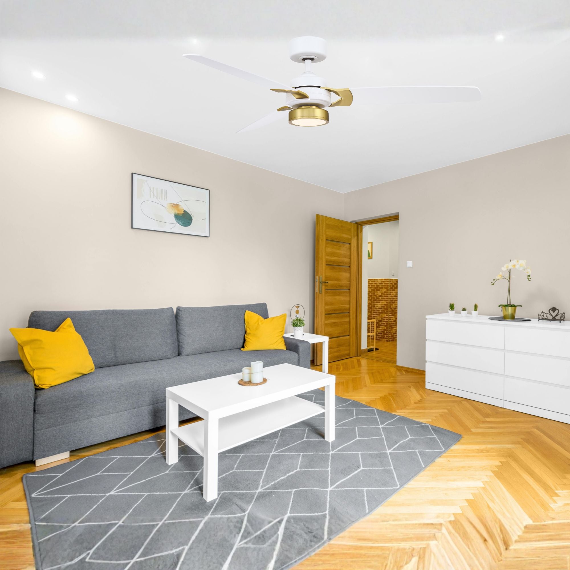 Amped 52" LED Ceiling Fan with Remote, Matte White and Brushed Brass