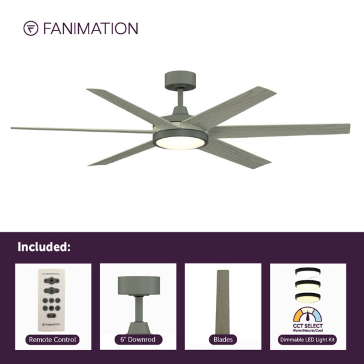Fanimation Brawn 64 in Outdoor Smart LED Ceiling Fan DC Motor Antique Graphite Light Oak