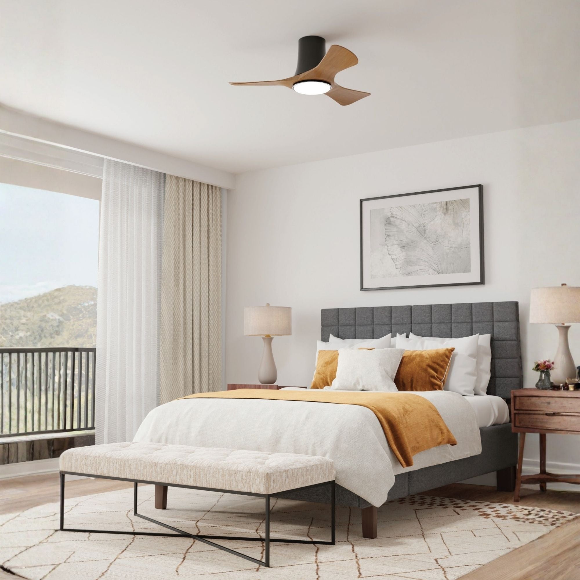 Corke 36" Black & Koa Flush Mount Ceiling Fan with LED Light DC Motor