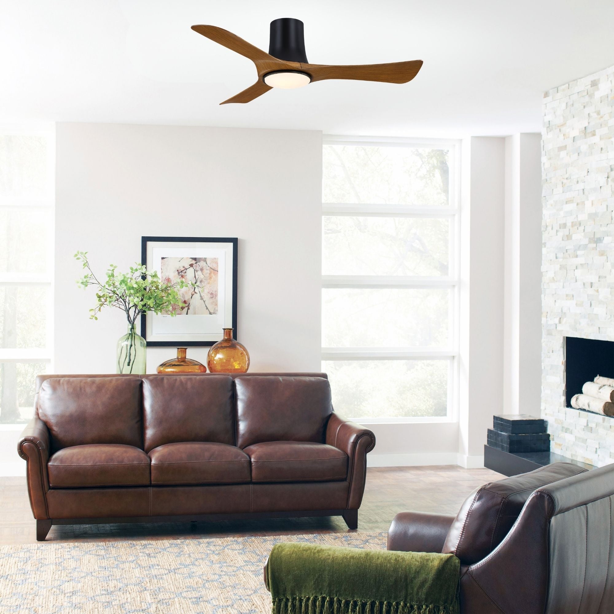 Corke 44" Black & Koa Flush Mount Ceiling Fan with LED Light DC Motor