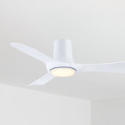 Matte white flush mount ceiling fan with three blades and round LED light
