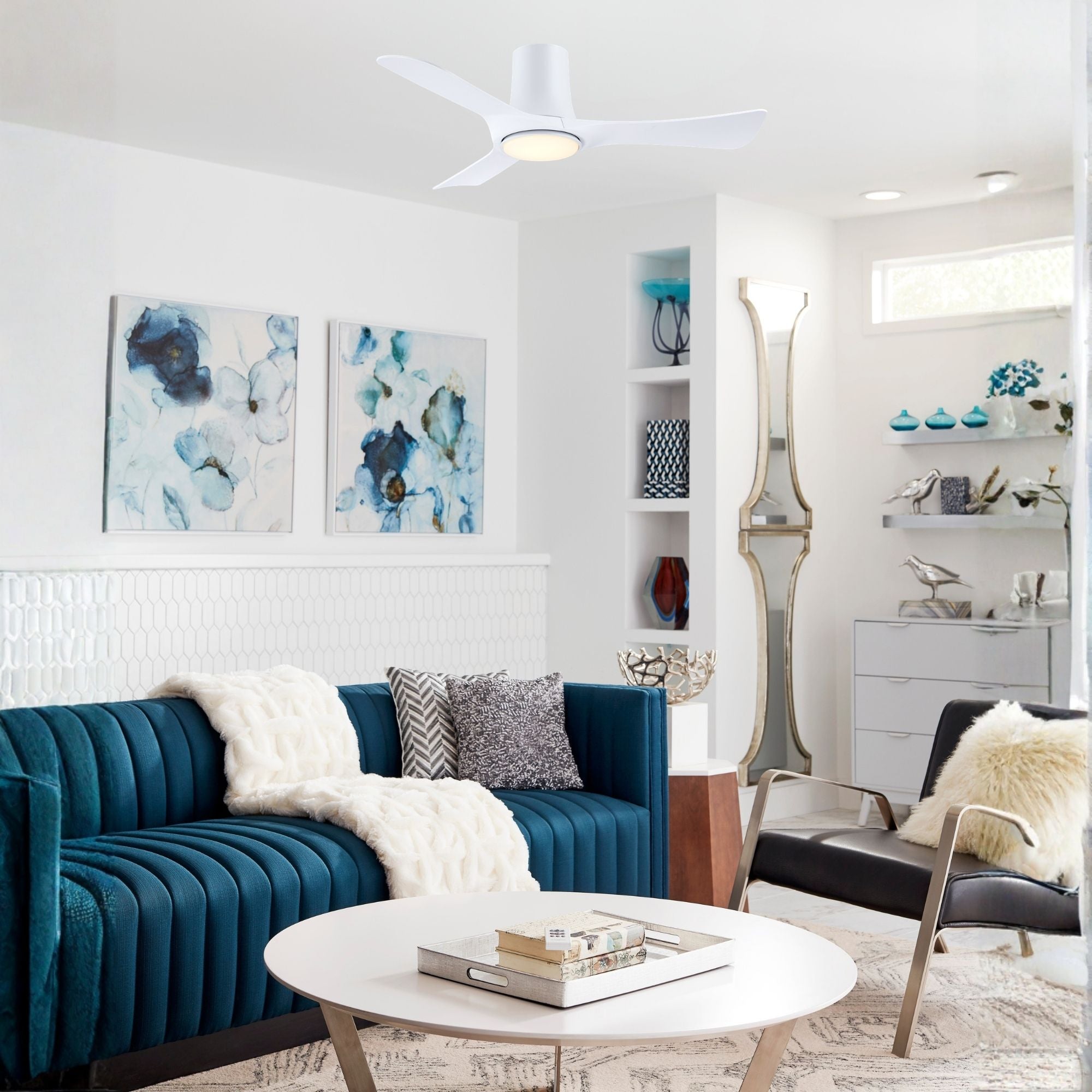 Corke 44" Matte White Flush Mount Ceiling Fan with LED Light DC Motor