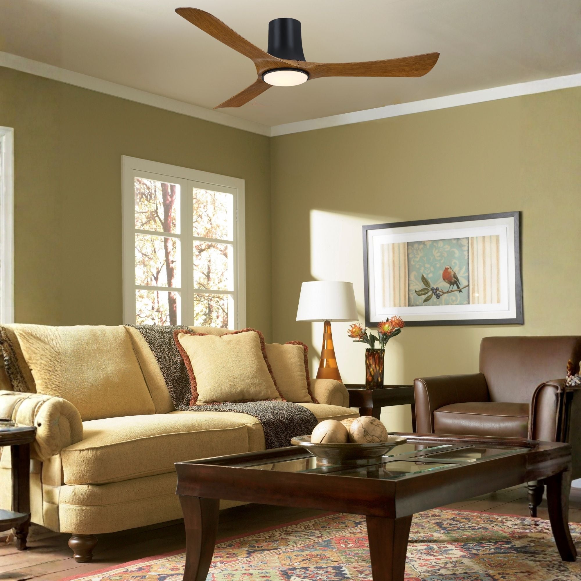 Corke 52" Black & Koa Flush Mount Ceiling Fan with LED Light DC Motor