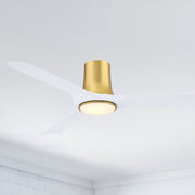 Brushed satin brass flush-mount ceiling fan with LED globe light and three white blades