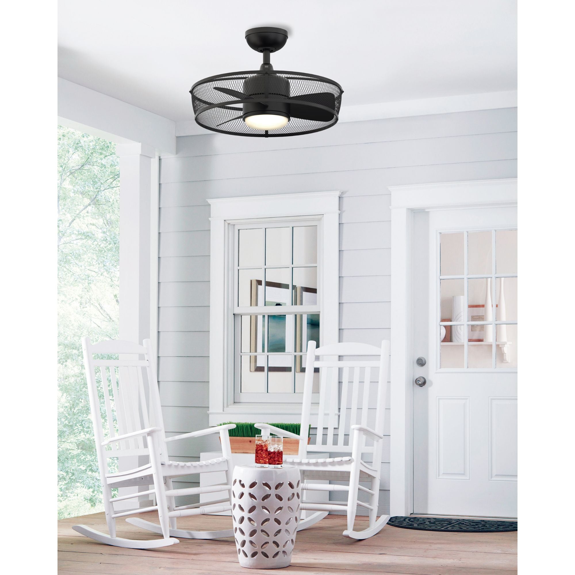 Fanimation - Henry 20" Black Damp Rated Cage Chandelier Ceiling Fan with Light and Remote | Bees Lighting