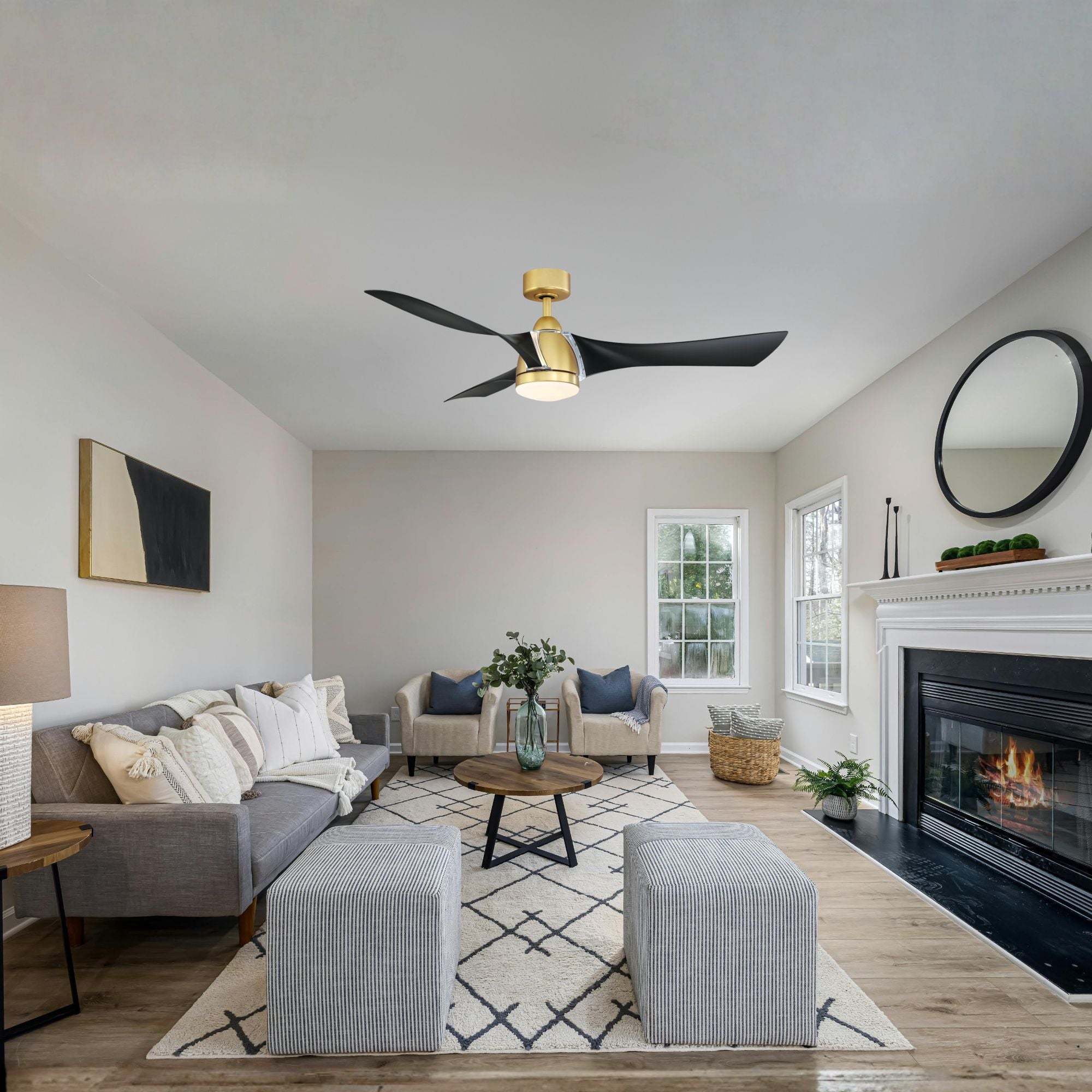 Klear 56" Brushed Satin Brass and Black Outdoor CCT LED Smart Ceiling Fan with Remote