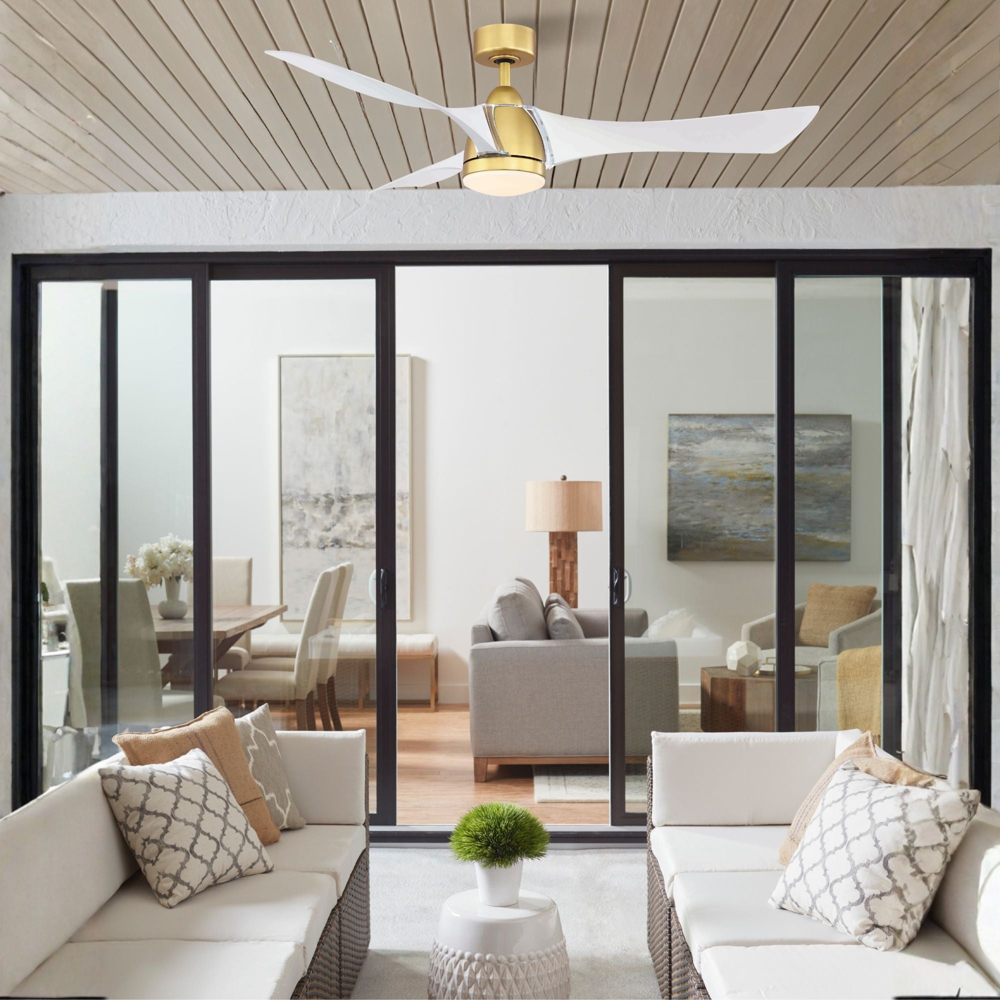 Klear 56" Brushed Satin Brass and White Outdoor CCT LED Smart Ceiling Fan with Remote