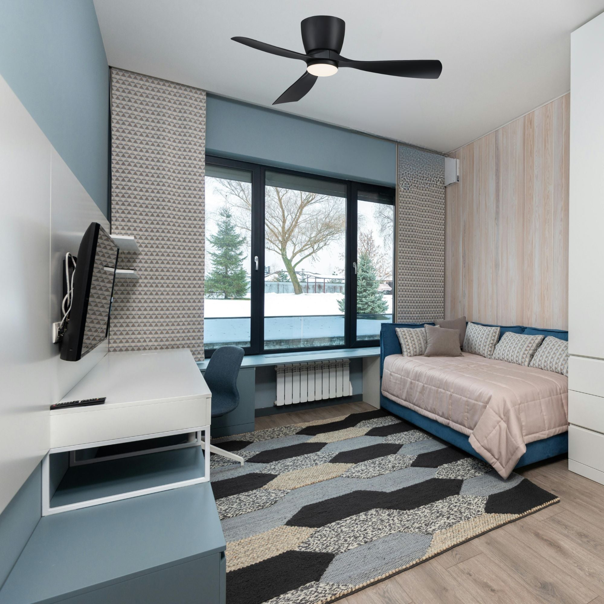 Klinch 44" Black Damp Rated LED Flush Mount Ceiling Fan with Remote