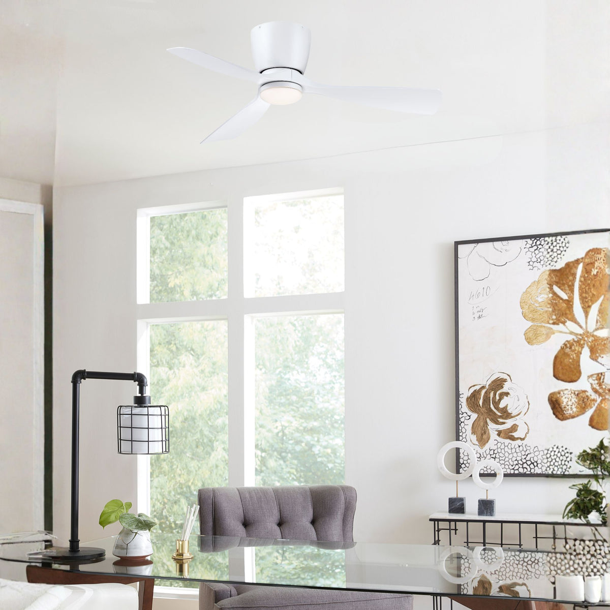 Klinch 44" Matte White Damp Rated LED Flush Mount Ceiling Fan with Remote