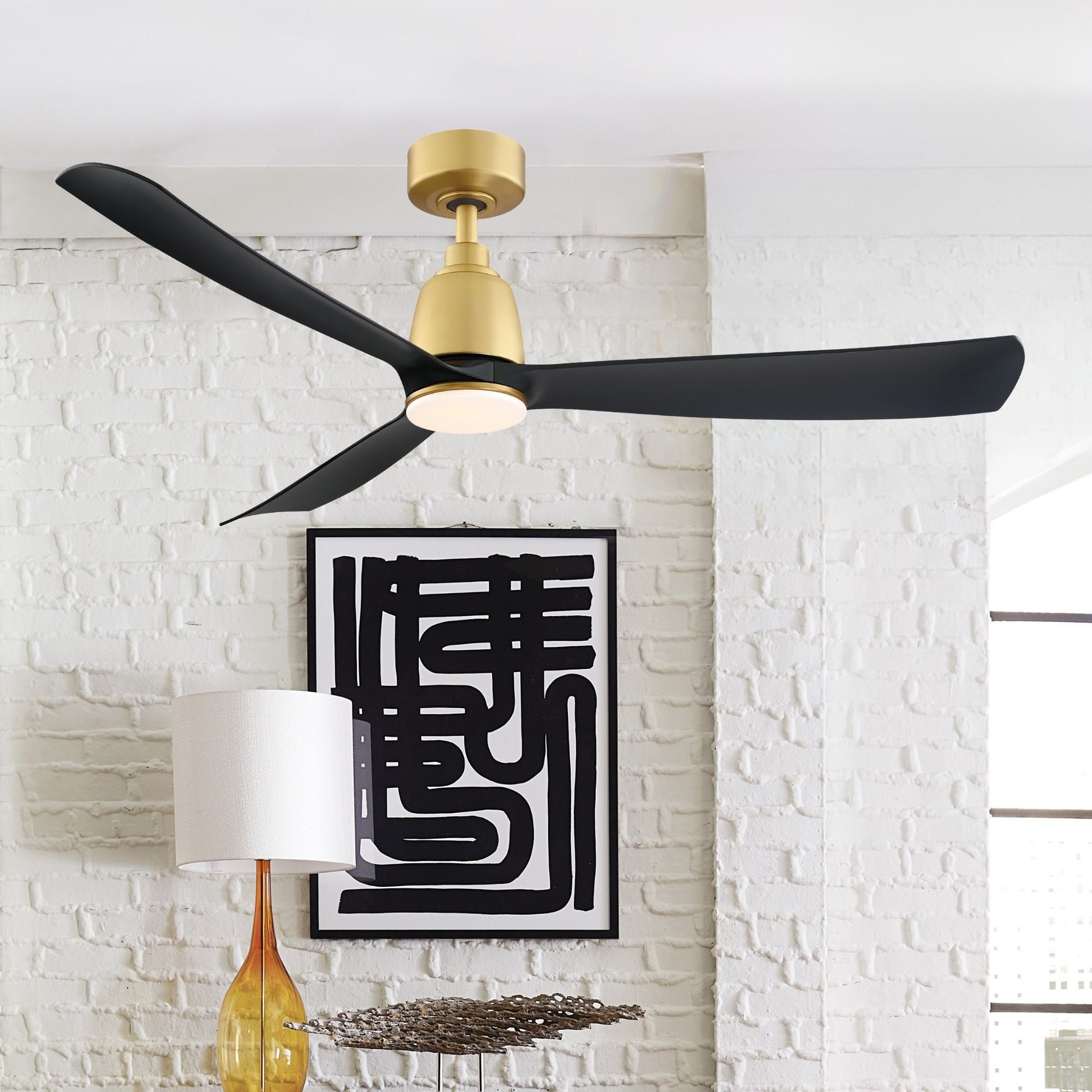 Kute 52" Brushed Satin Brass & Black Modern Ceiling Fan with Remote - Bees Lighting