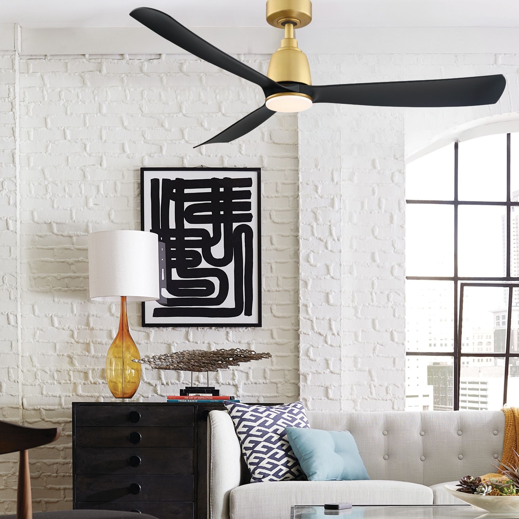 Kute 52" Brushed Satin Brass & Black Modern Ceiling Fan with Remote - Bees Lighting