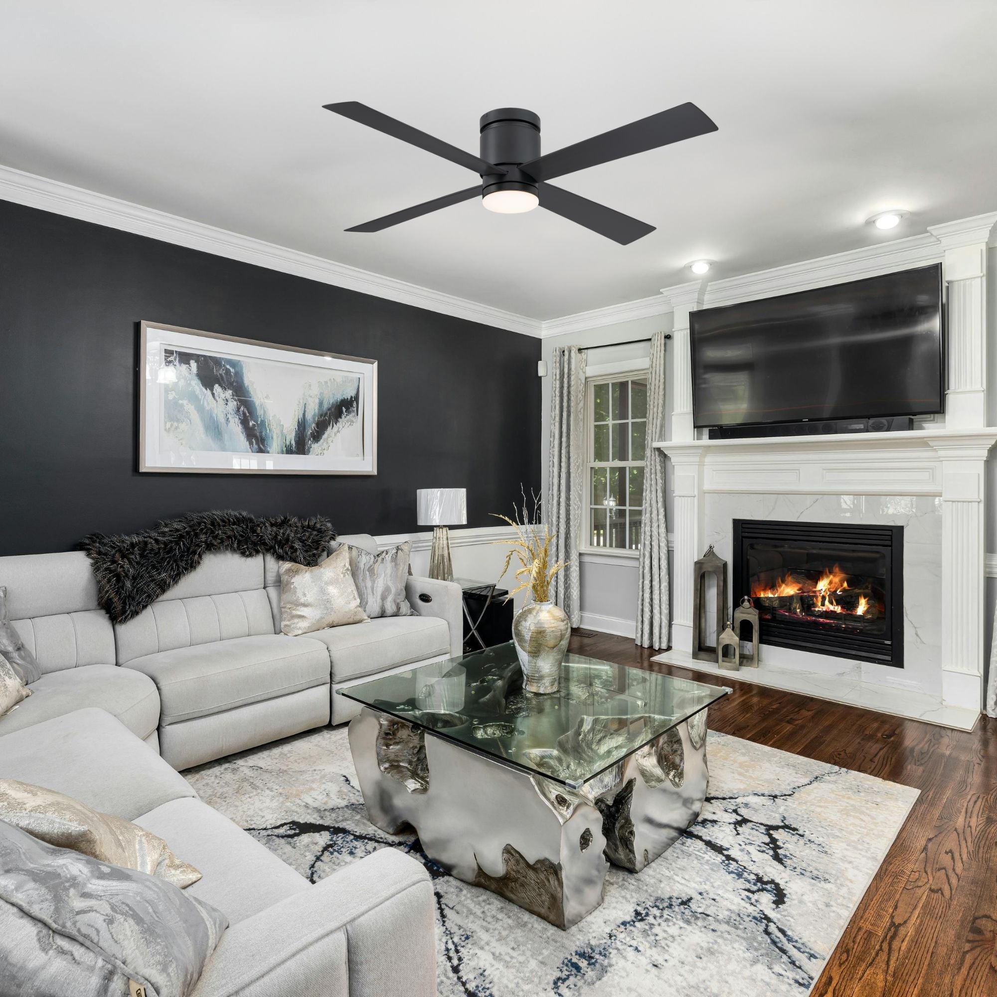 Kwartet 52" Black Damp Rated Hugger Ceiling Fan with CCT Light Kit and Remote