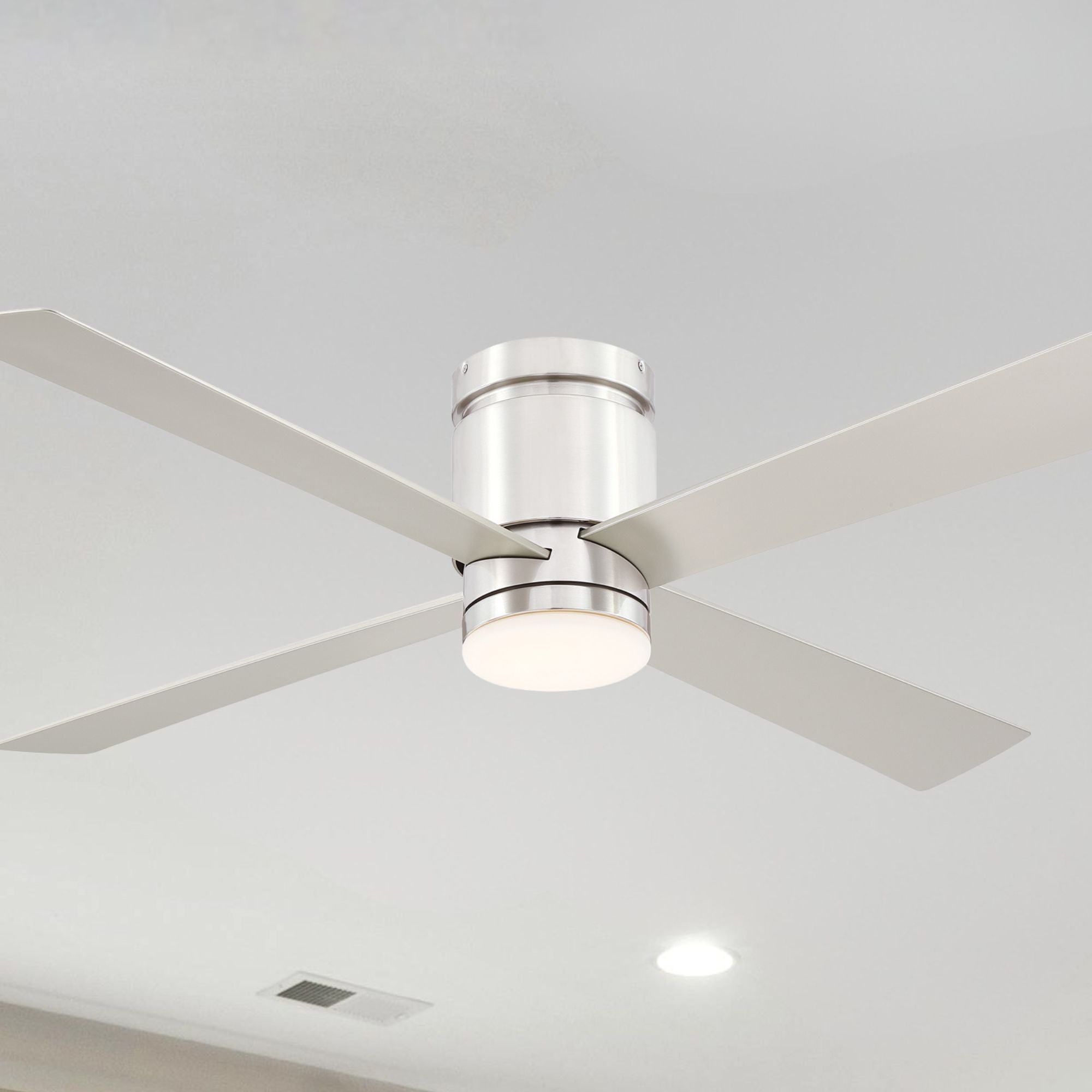 Kwartet 52" Brushed Nickel Damp Rated Hugger Ceiling Fan with CCT Light Kit and Remote