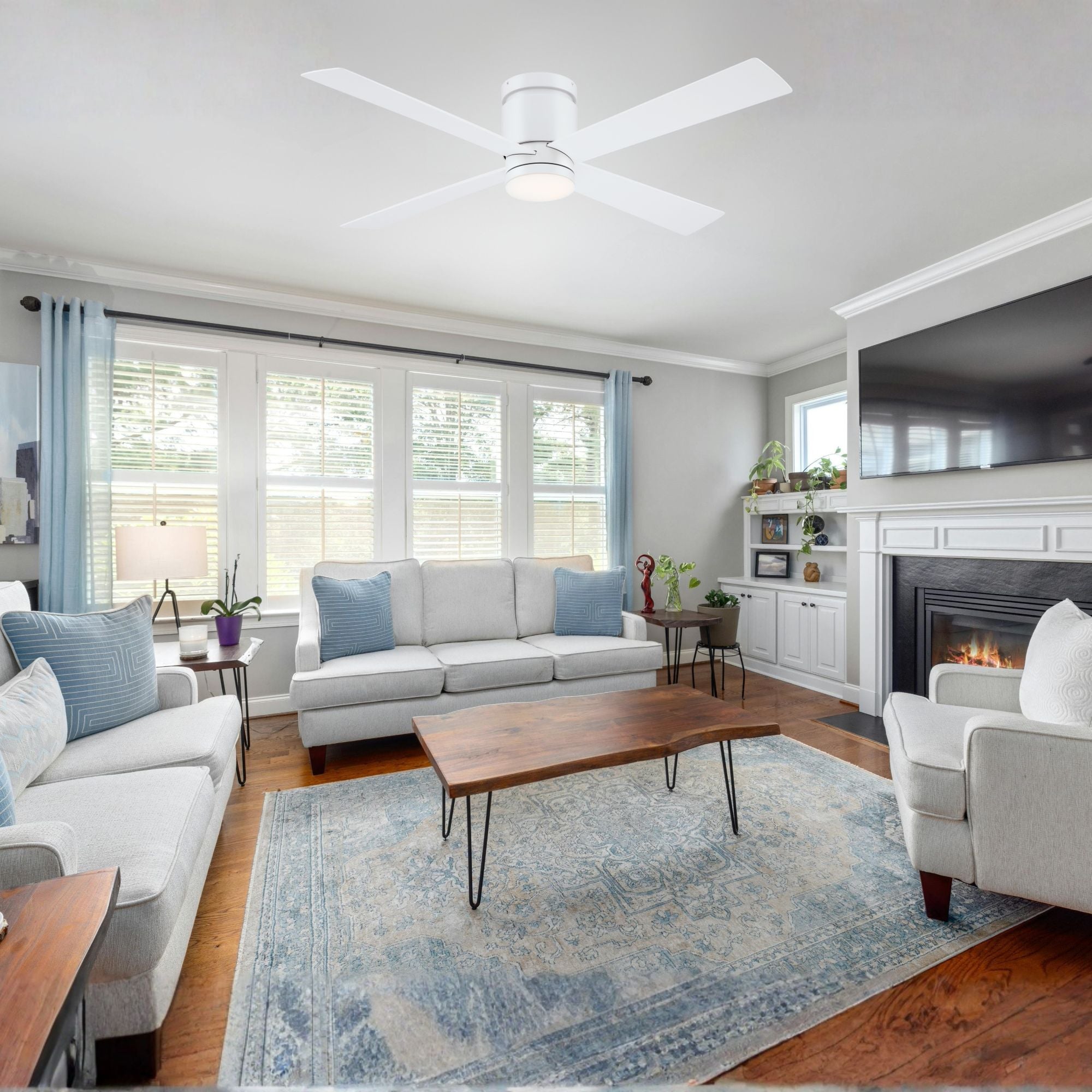 Kwartet 52" Matte White Damp Rated Hugger Ceiling Fan with CCT Light Kit and Remote