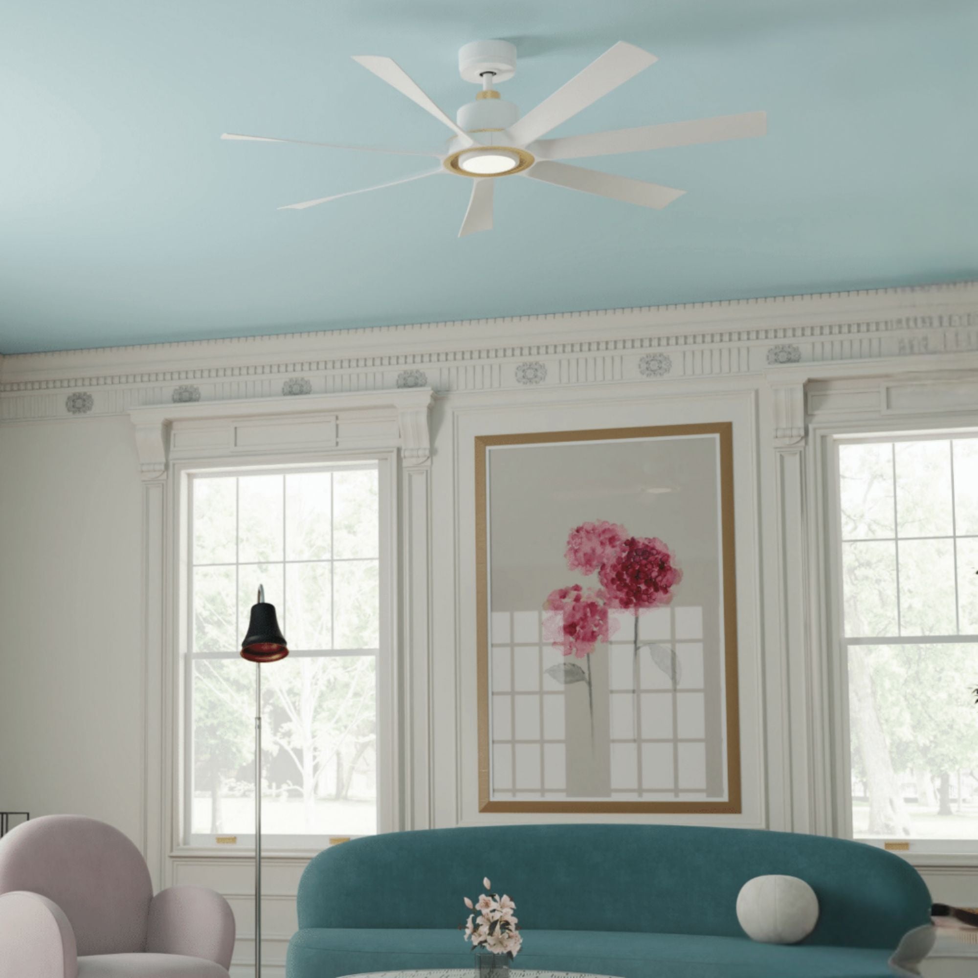Lenzi 60" White and Brass LED Windmill Ceiling Fan