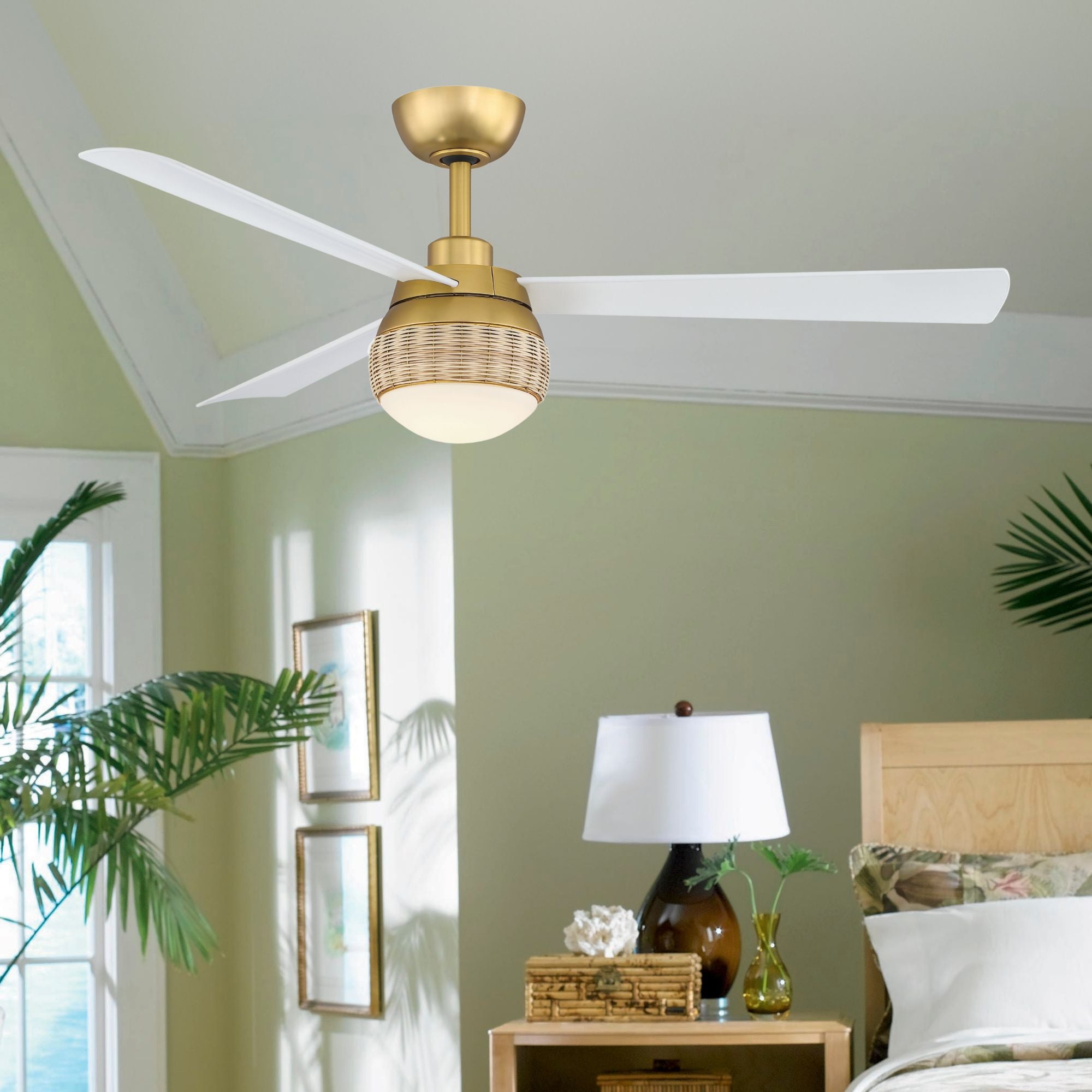 Paget 52" Tropical LED Ceiling Fan with Remote, Brushed Satin Brass