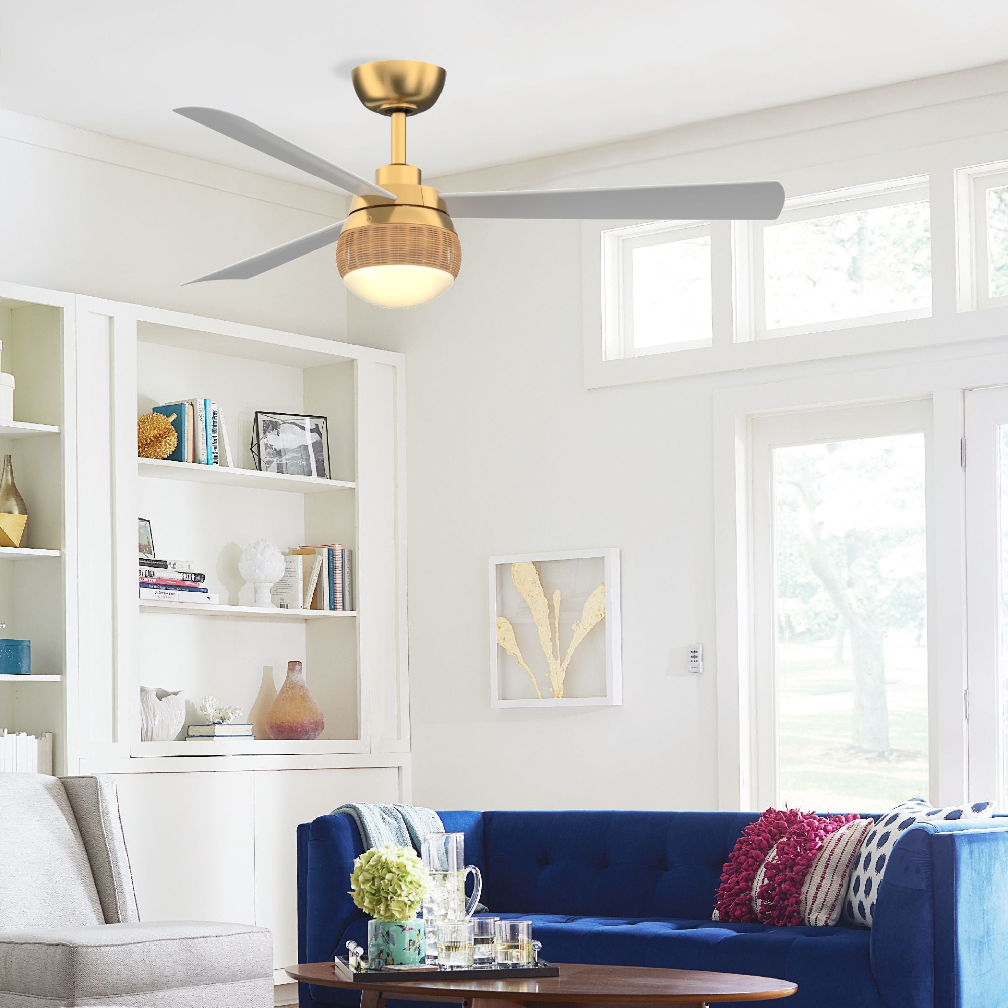 Paget 52" Tropical LED Ceiling Fan with Remote, Brushed Satin Brass
