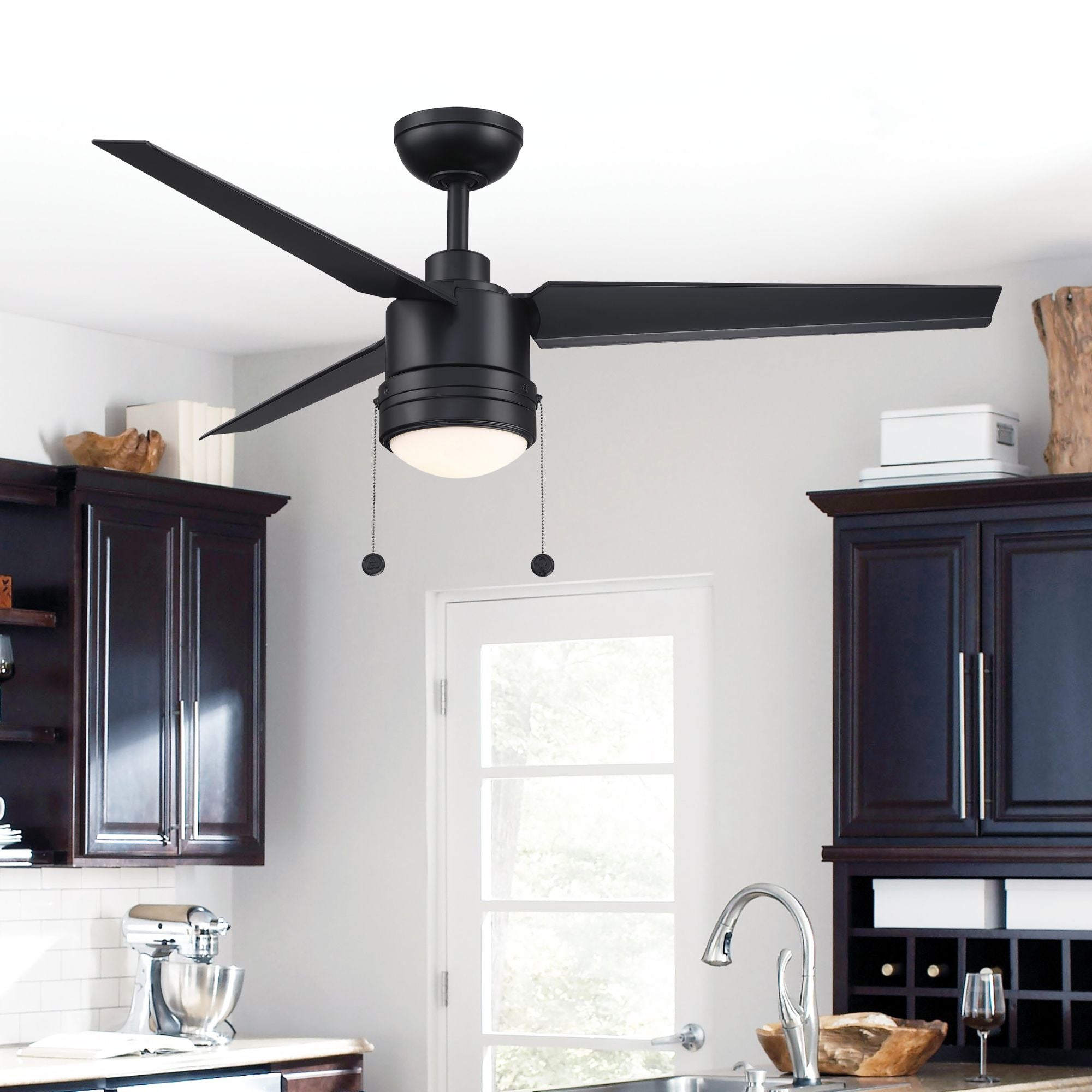 PC/DC L 52" Outdoor Black LED Ceiling Fan with Pull Chain