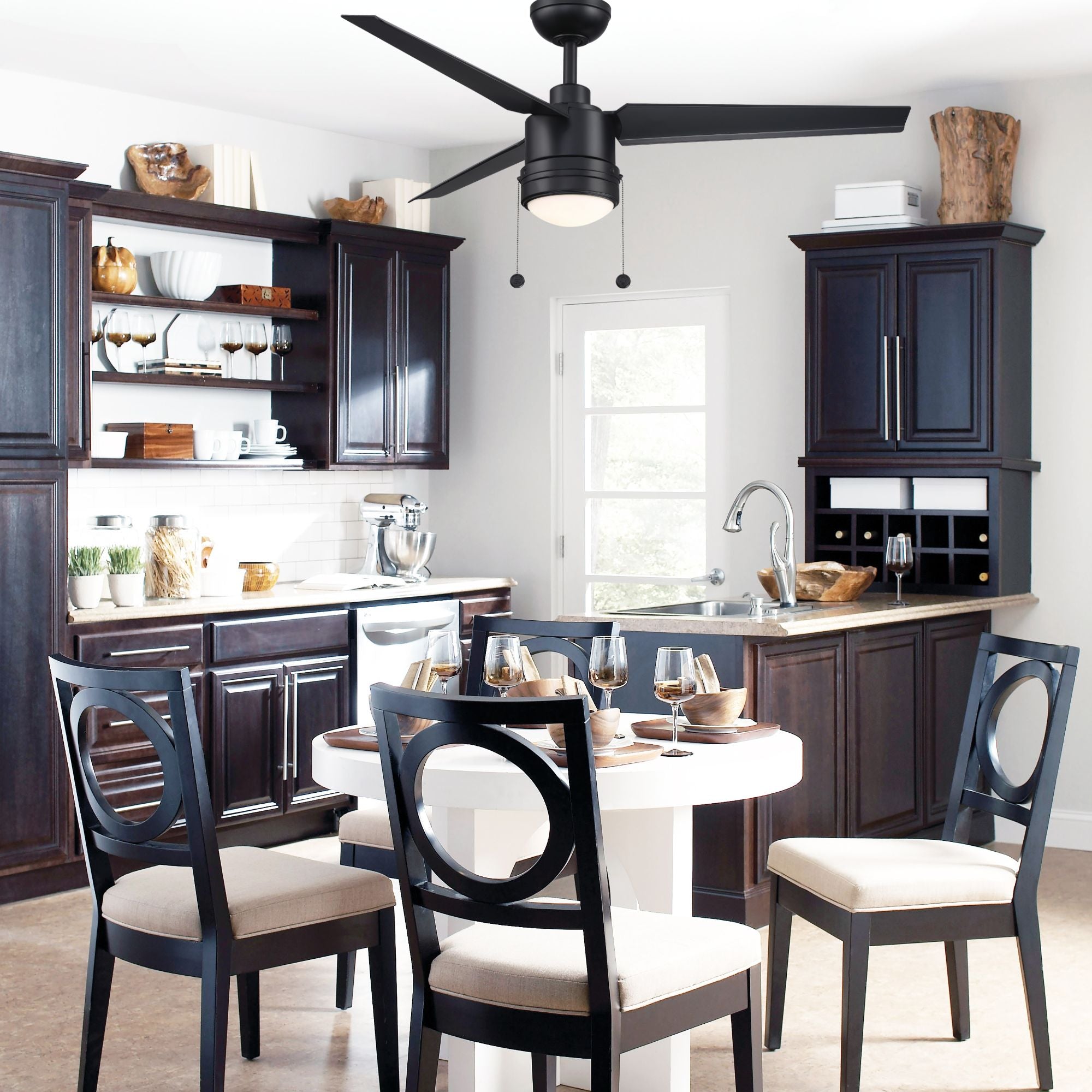 PC/DC L 52" Outdoor Black LED Ceiling Fan with Pull Chain