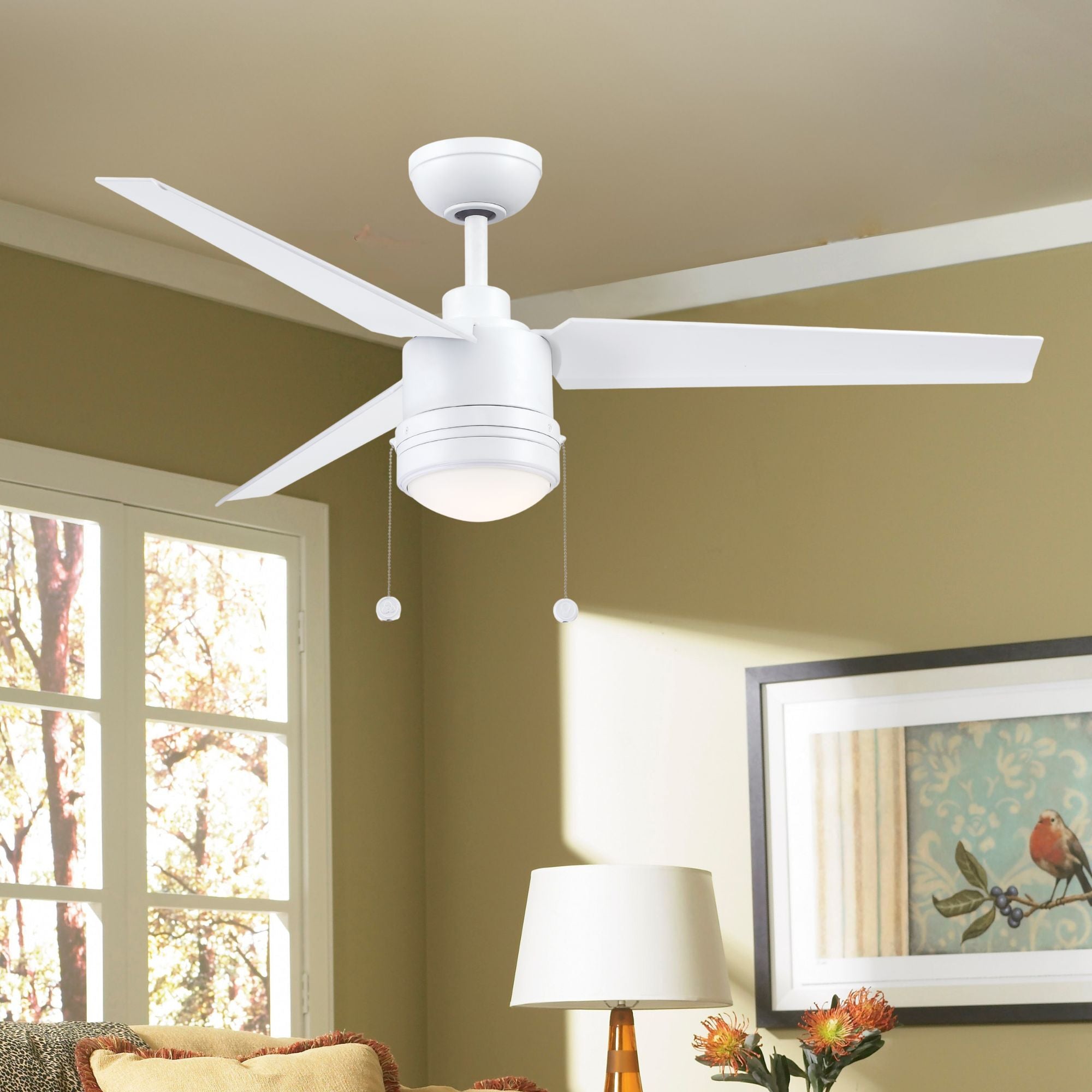 PC/DC L 52" Outdoor Matte White LED Ceiling Fan with Pull Chain