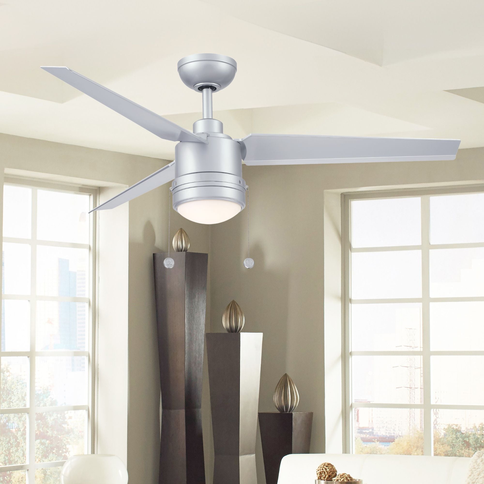 PC/DC L 52" Outdoor Silver LED Ceiling Fan with Pull Chain