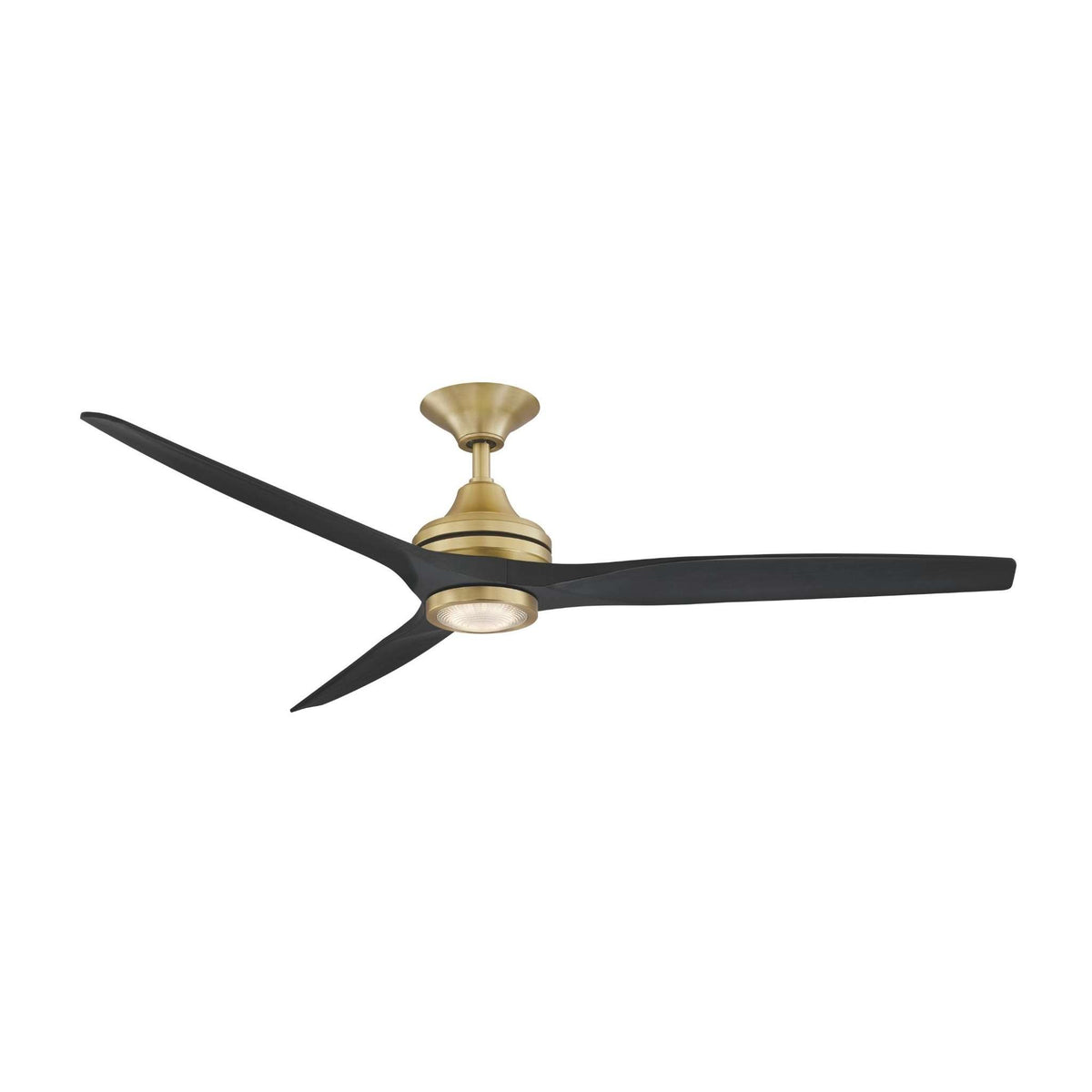 Ceiling fan motor in brushed brass with dark five-blade set and light kit