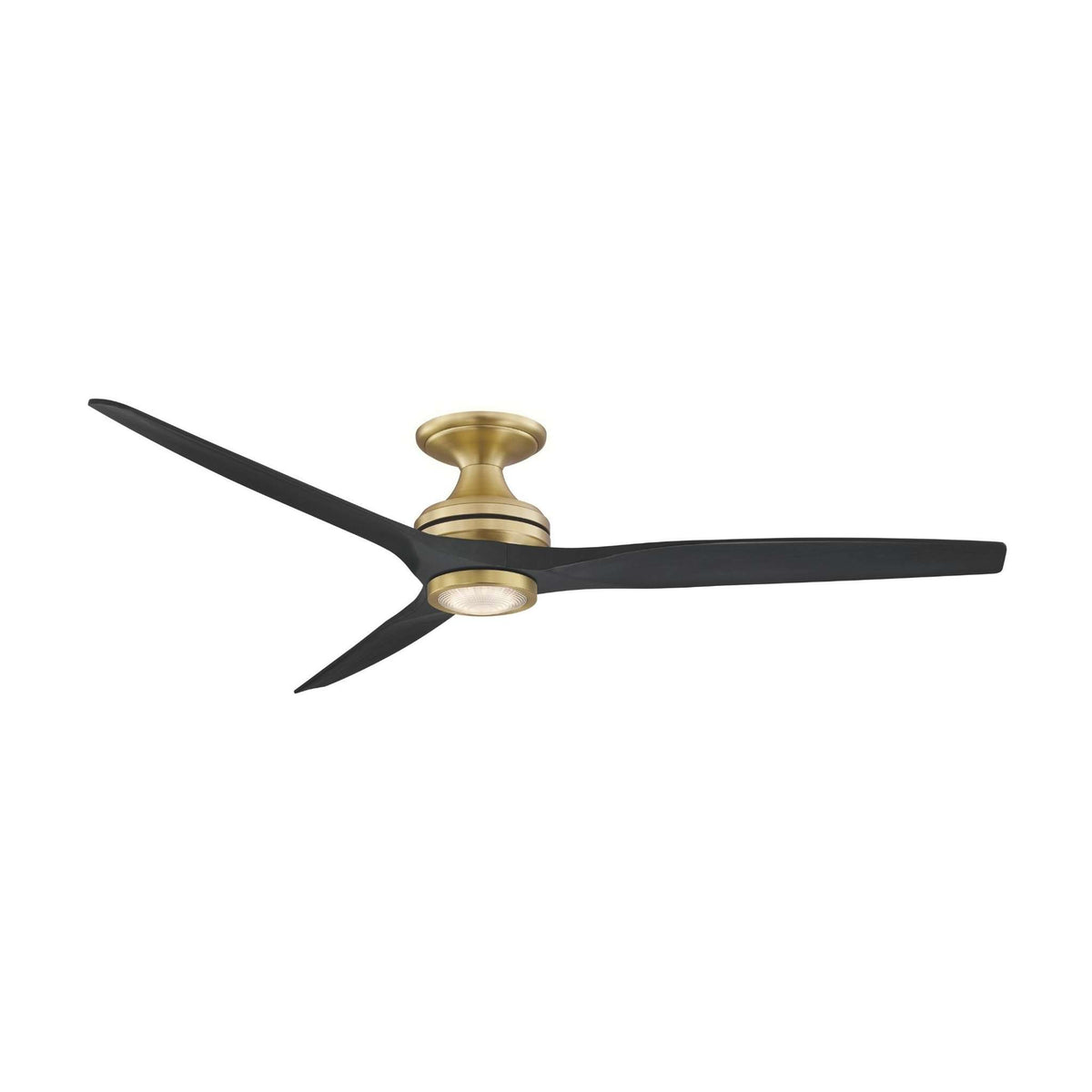 Ceiling fan motor with brushed brass canopy, dark blades, and integrated light