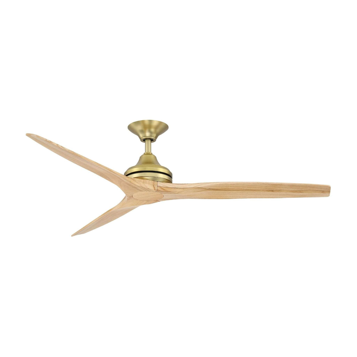 Ceiling fan with brushed brass canopy, light wood blades, and light kit