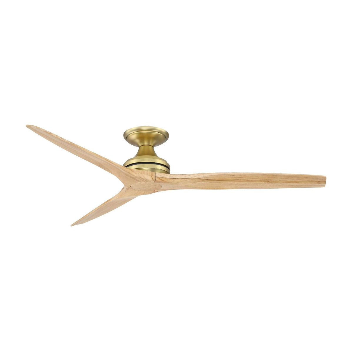 Ceiling fan motor with brushed brass finish, light wood blades, and light kit